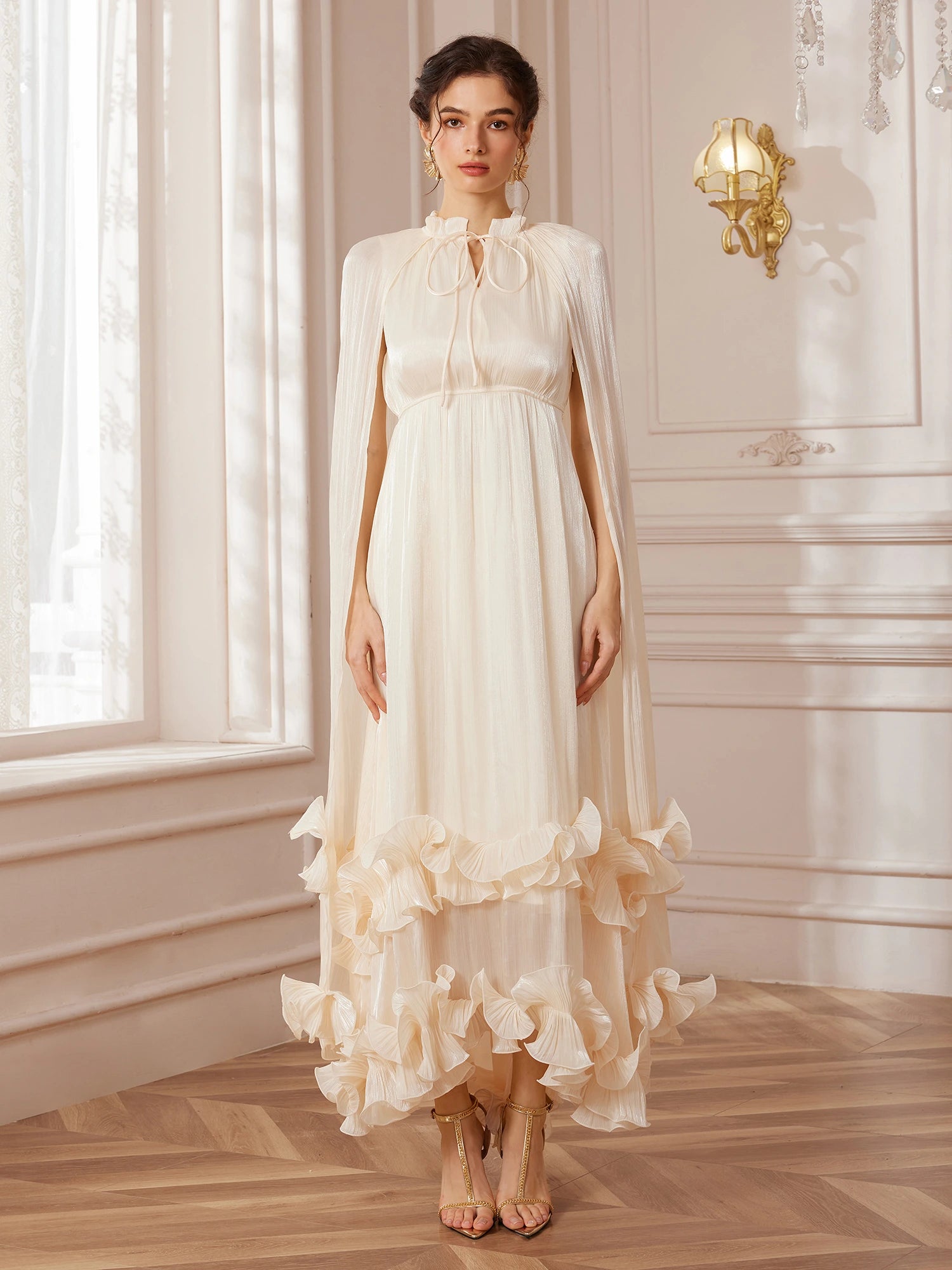 Cape-Sleeve Double-Layer Ruffle Midi Dress|NOOSGOP