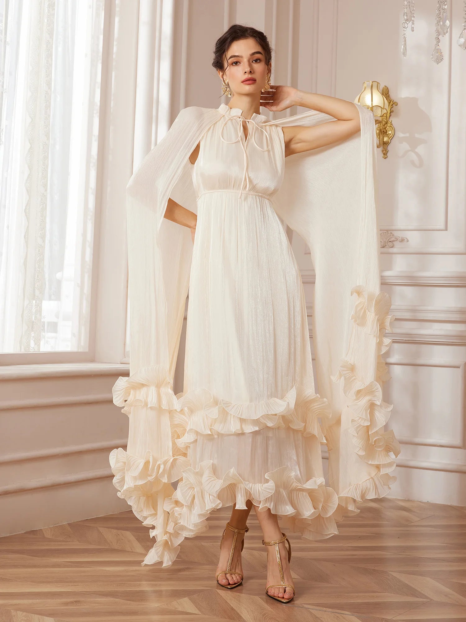 Cape-Sleeve Double-Layer Ruffle Midi Dress|NOOSGOP