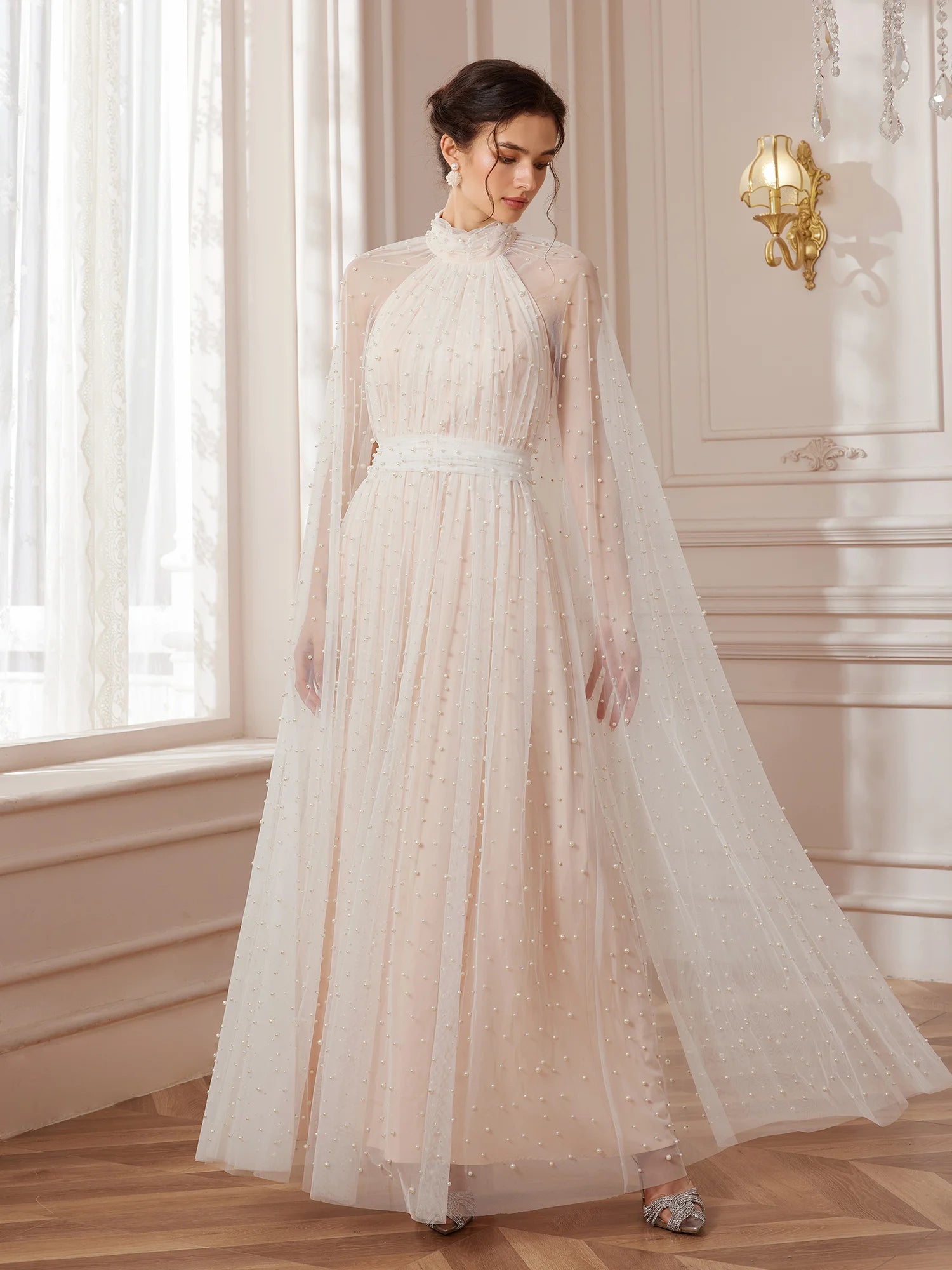 Cape-Sleeve Mandarin-Collar Maxi Dress|NOOSGOP