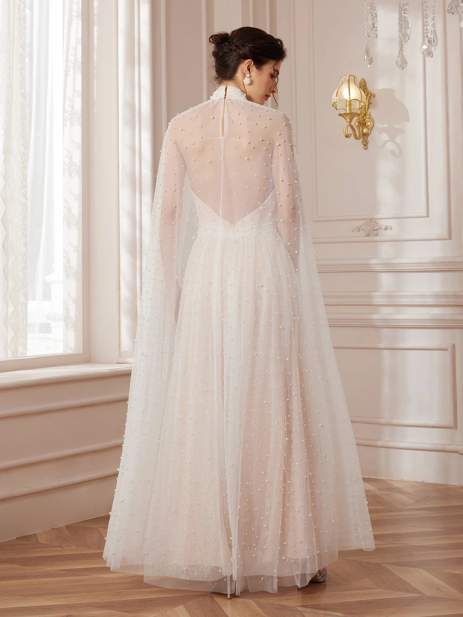 Cape-Sleeve Mandarin-Collar Maxi Dress|NOOSGOP