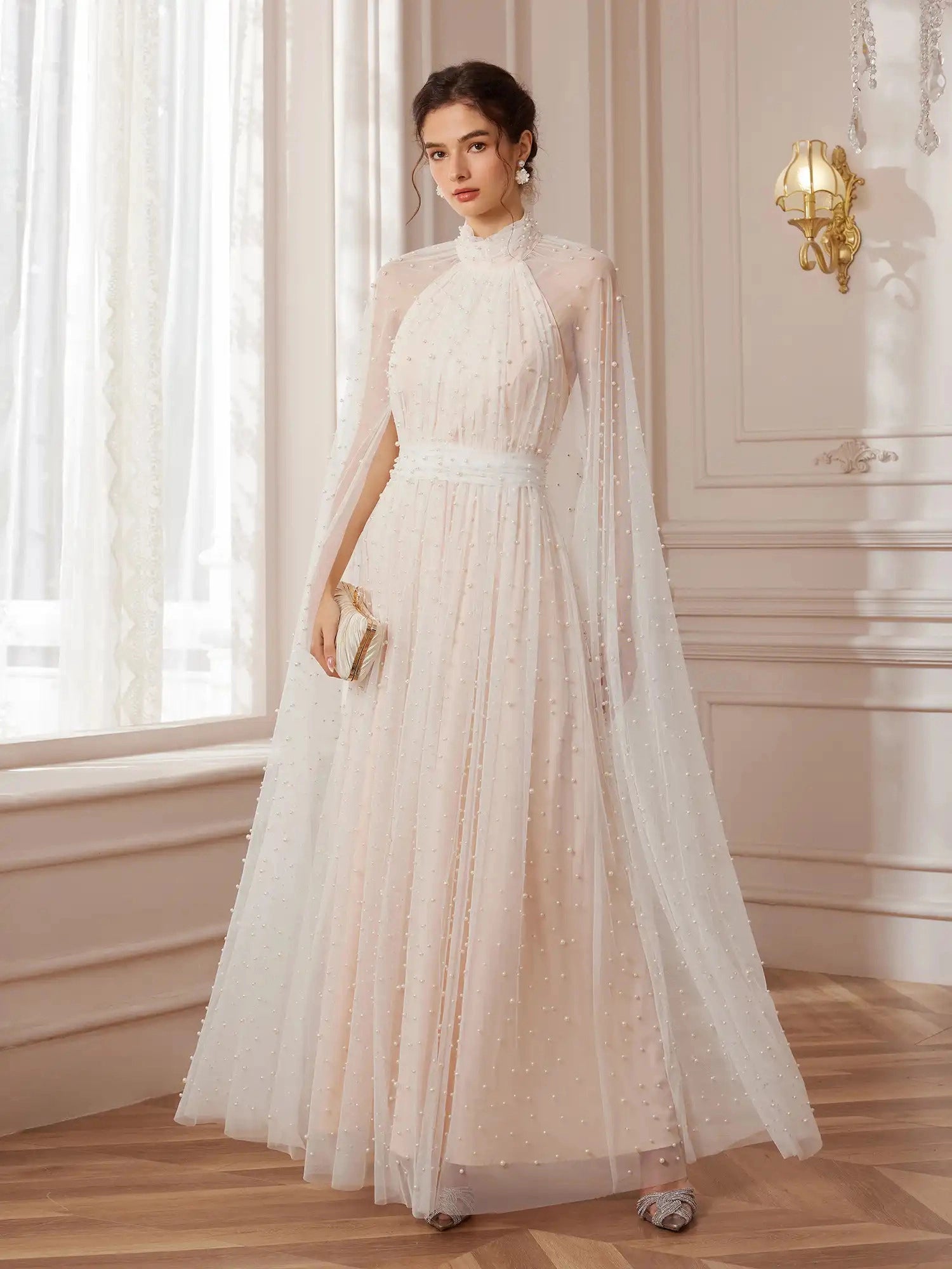 Cape-Sleeve Mandarin-Collar Maxi Dress|NOOSGOP