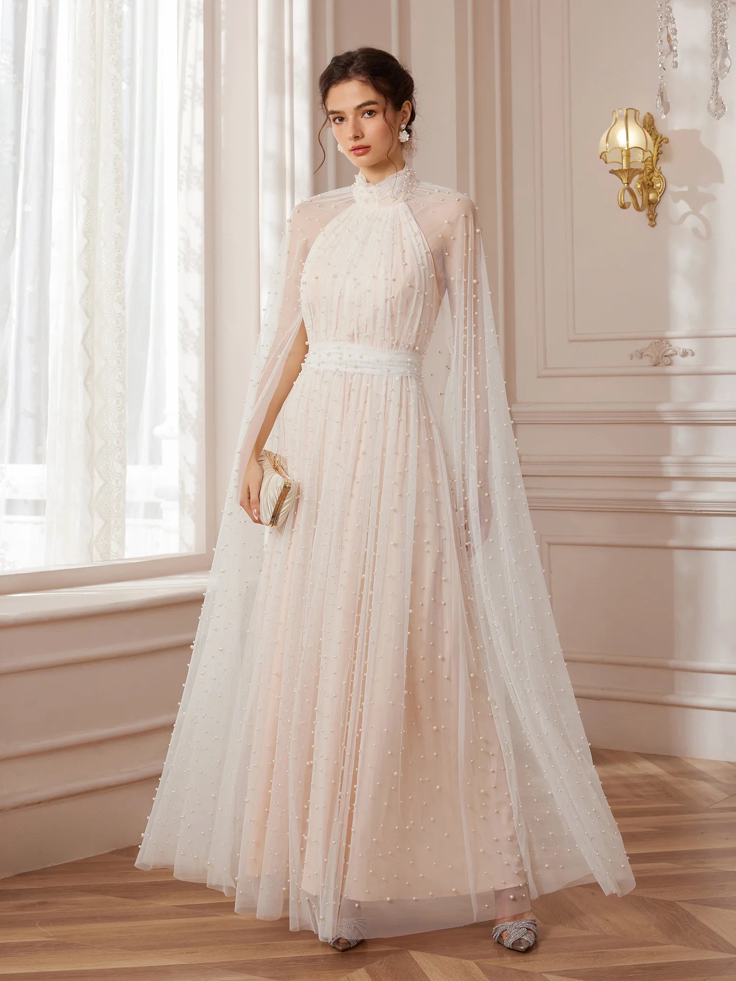 Cape-Sleeve Mandarin-Collar Maxi Dress|NOOSGOP