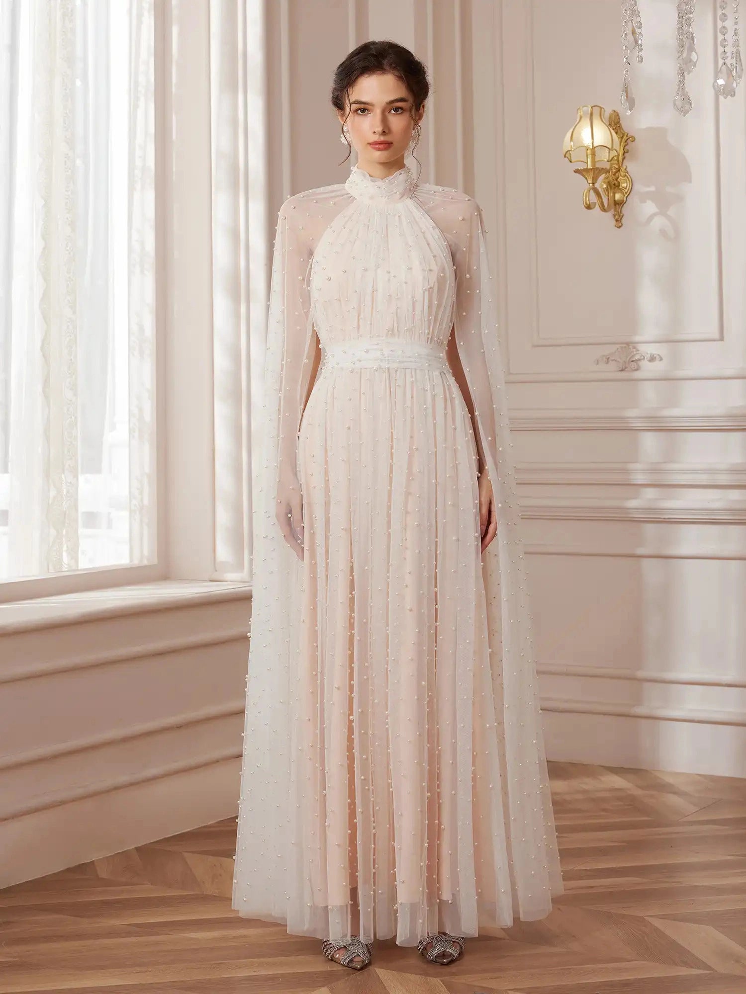 Cape-Sleeve Mandarin-Collar Maxi Dress|NOOSGOP