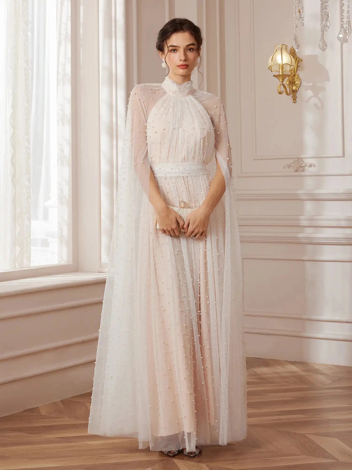 Cape-Sleeve Mandarin-Collar Maxi Dress|NOOSGOP