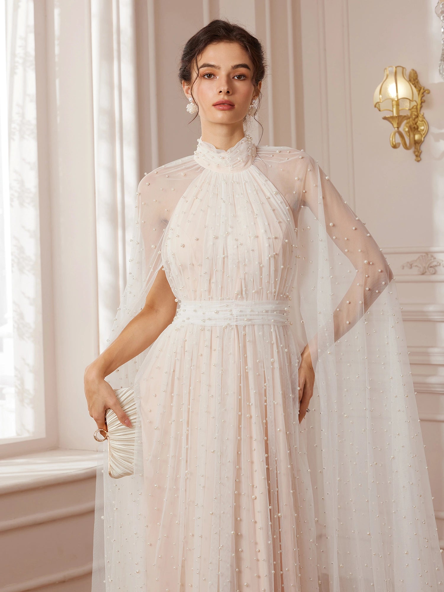 Cape-Sleeve Mandarin-Collar Maxi Dress|NOOSGOP