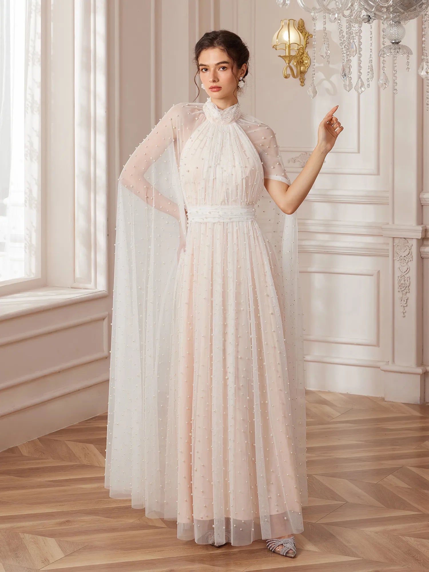 Cape-Sleeve Mandarin-Collar Maxi Dress|NOOSGOP