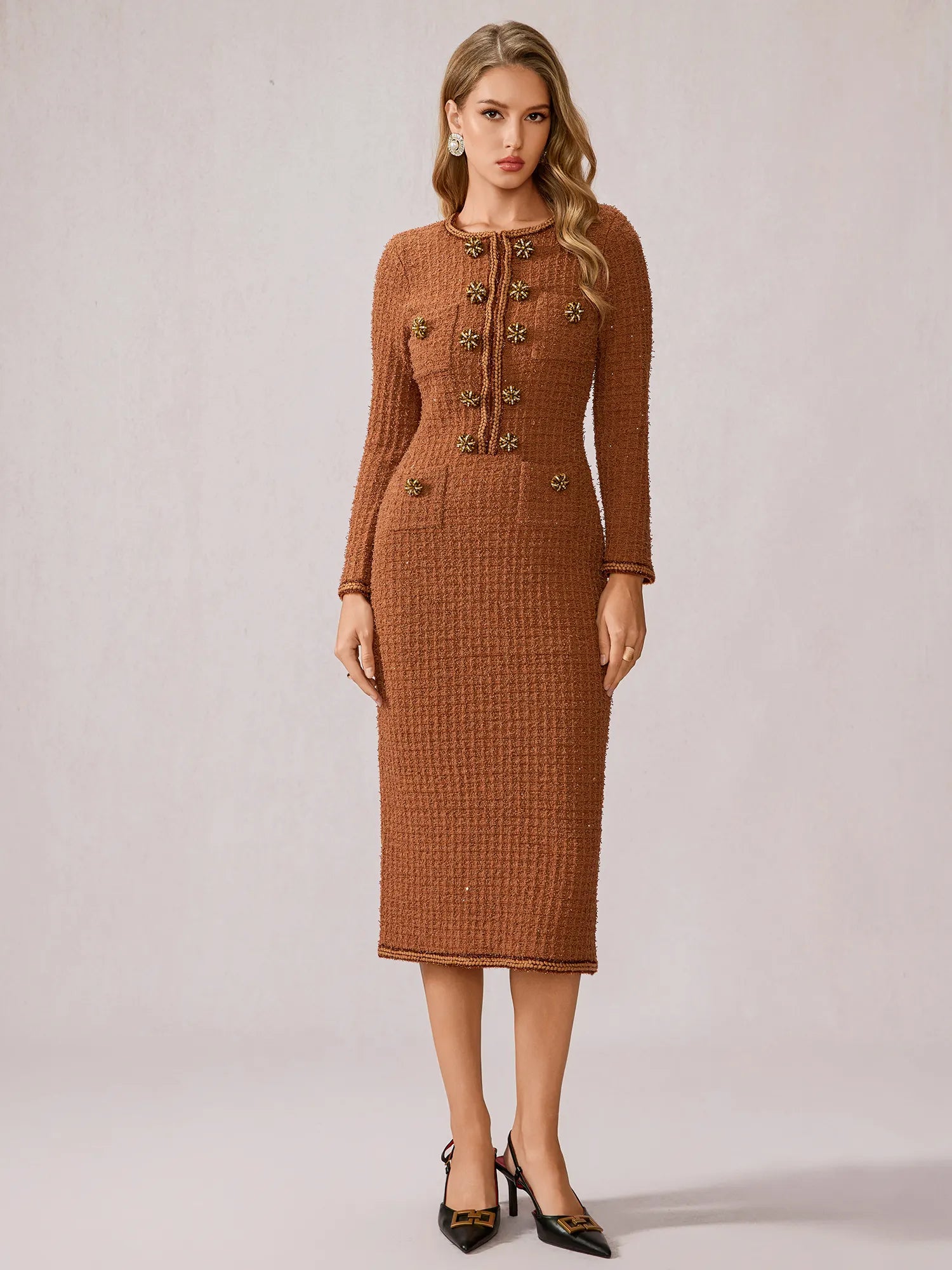 Cinnamon Round Neck Elegant Office Midi Dress|NOOSGOP