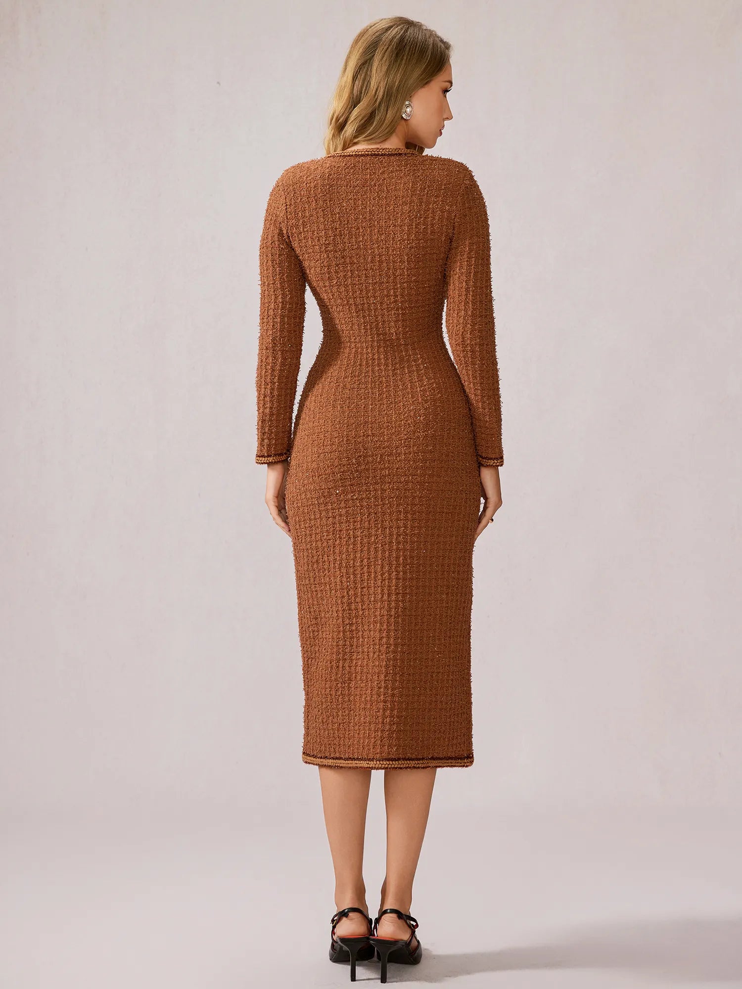 Cinnamon Round Neck Elegant Office Midi Dress|NOOSGOP