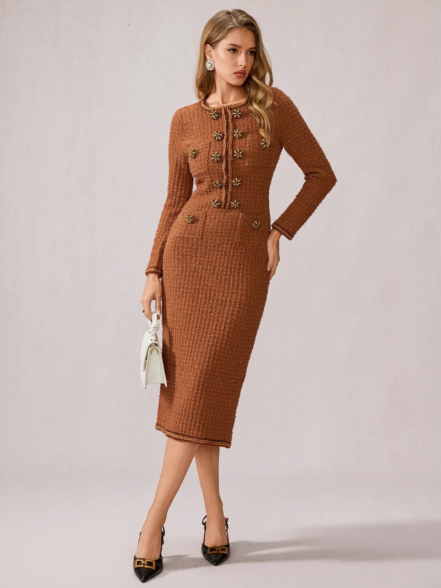 Cinnamon Round Neck Elegant Office Midi Dress|NOOSGOP