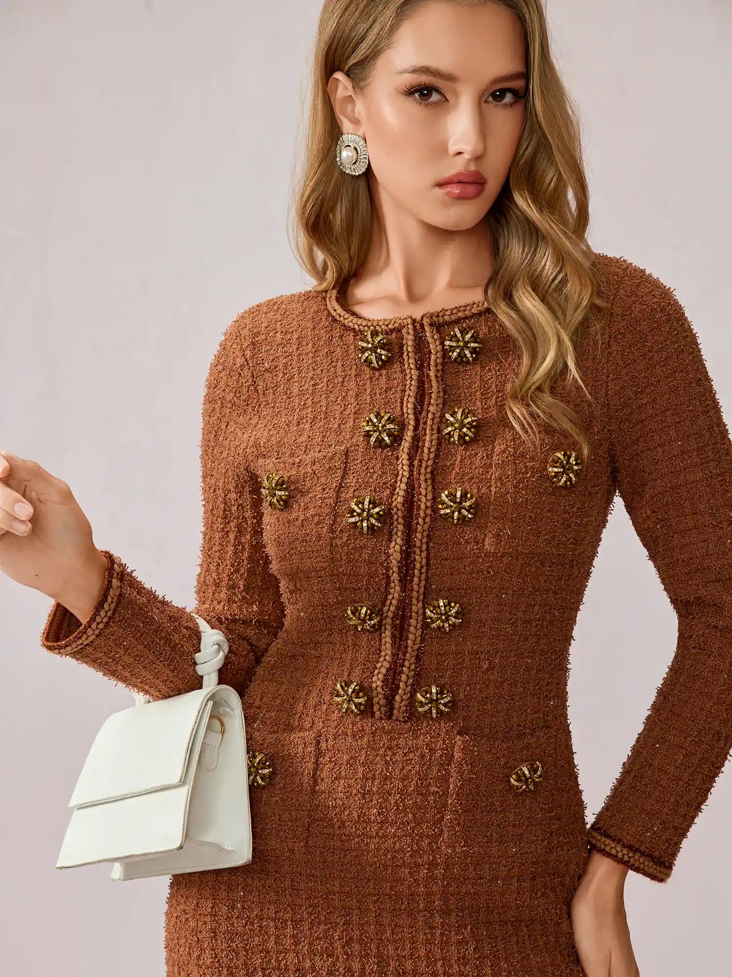 Cinnamon Round Neck Elegant Office Midi Dress|NOOSGOP