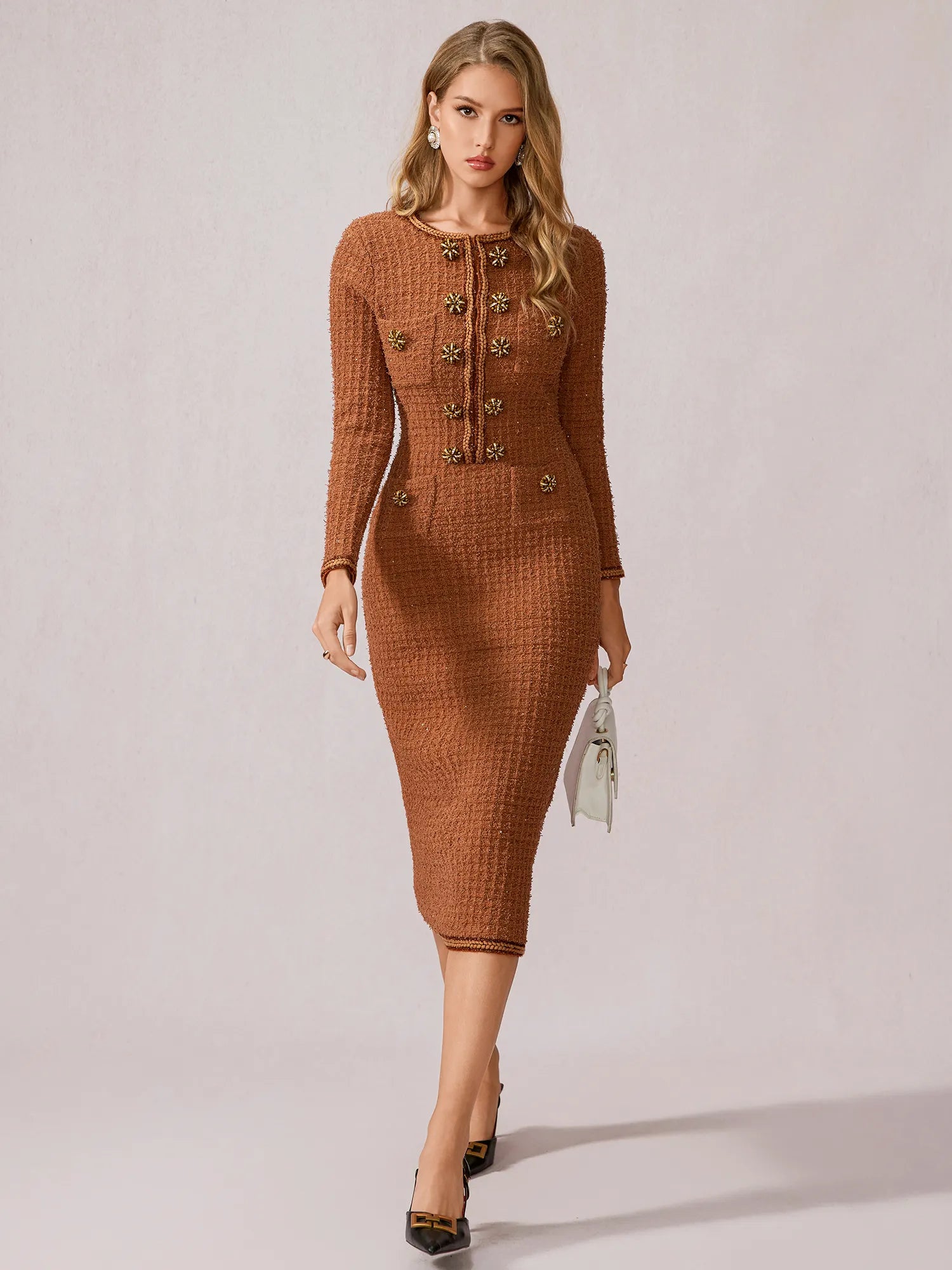 Cinnamon Round Neck Elegant Office Midi Dress|NOOSGOP