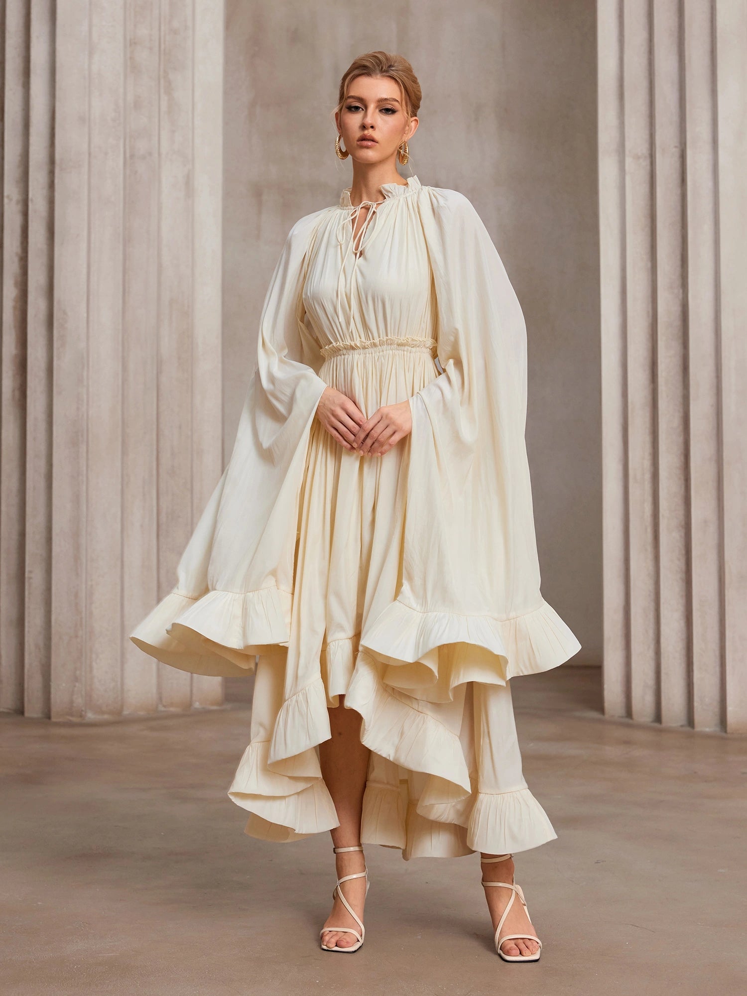 Cloak-Sweep Daring V-Cascade Gala Midi Dress|NOOSGOP