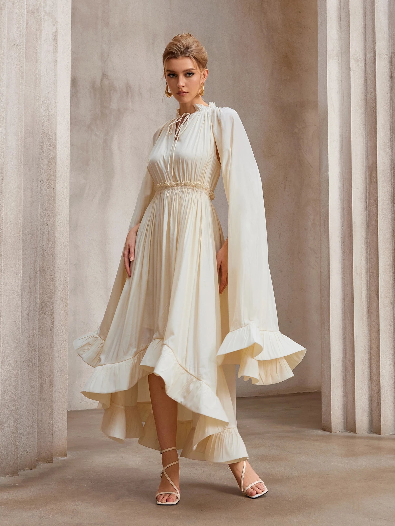 Cloak-Sweep Daring V-Cascade Gala Midi Dress|NOOSGOP