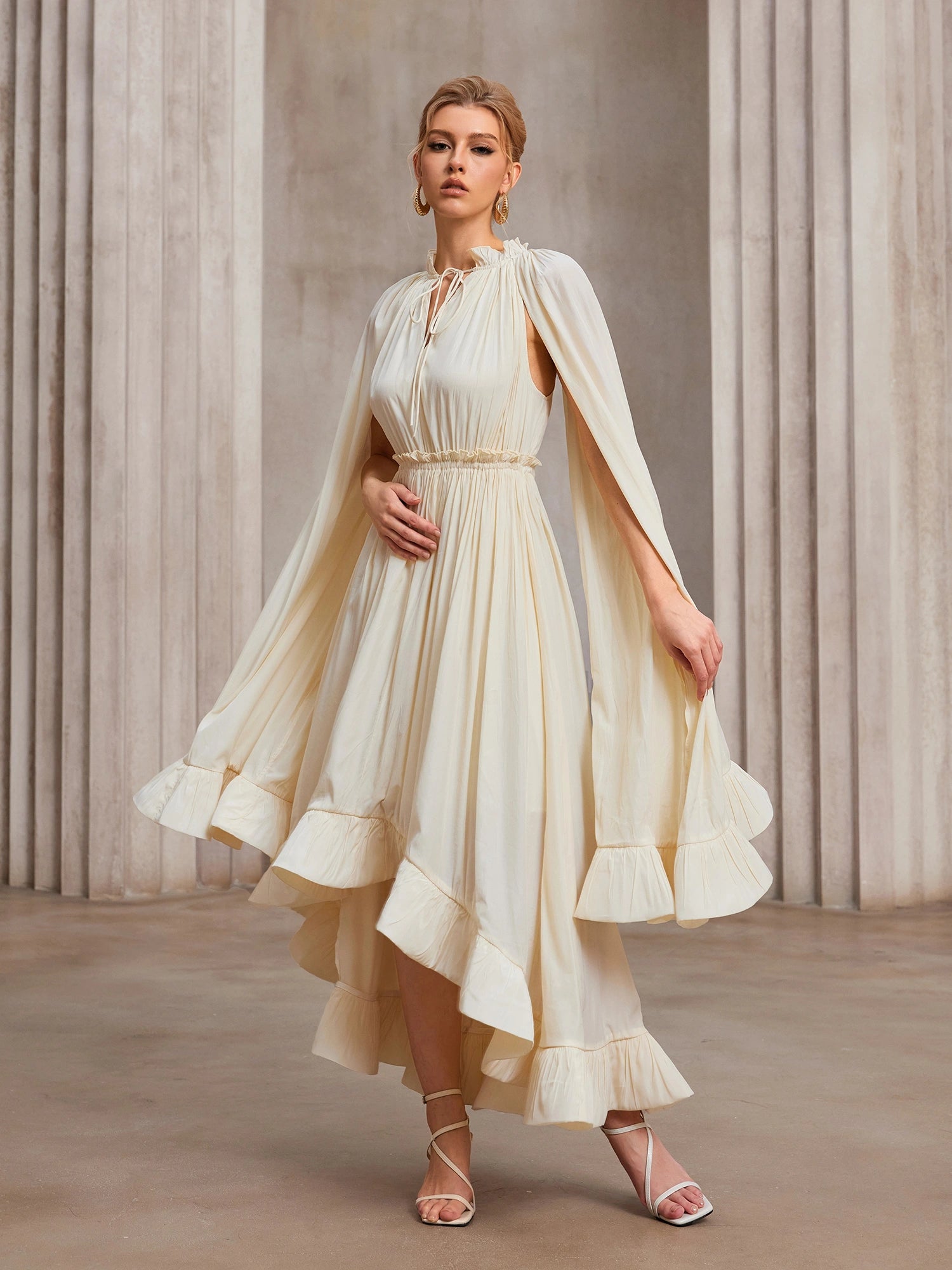 Cloak-Sweep Daring V-Cascade Gala Midi Dress|NOOSGOP