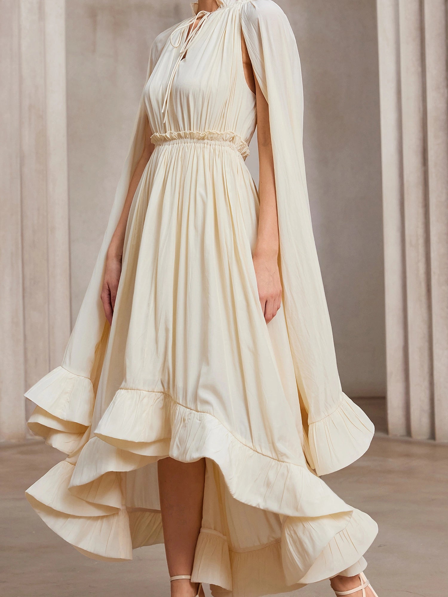 Cloak-Sweep Daring V-Cascade Gala Midi Dress|NOOSGOP