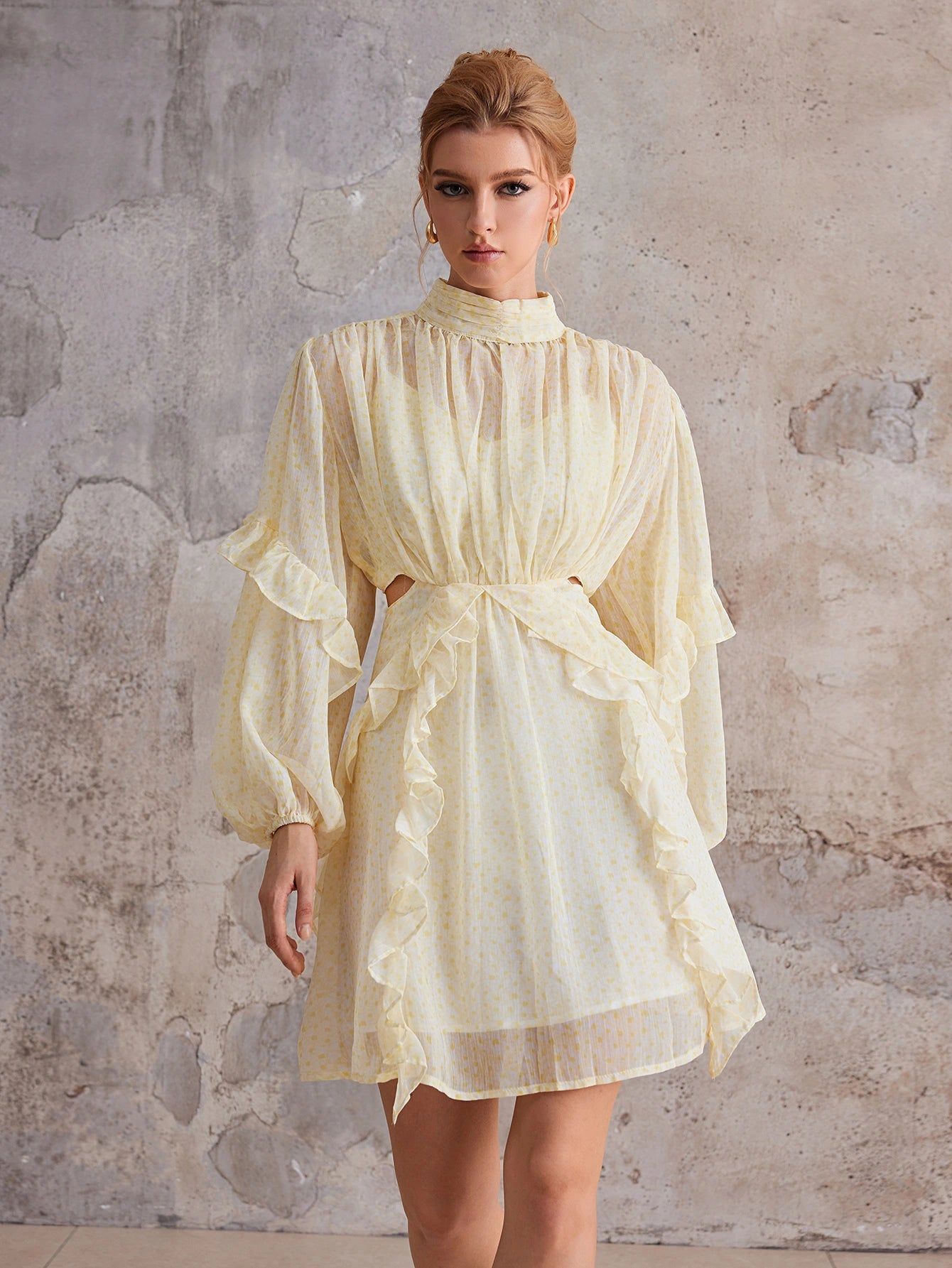 Court-Style Flutter-Trim Open-Midriff Mini Dress|NOOSGOP