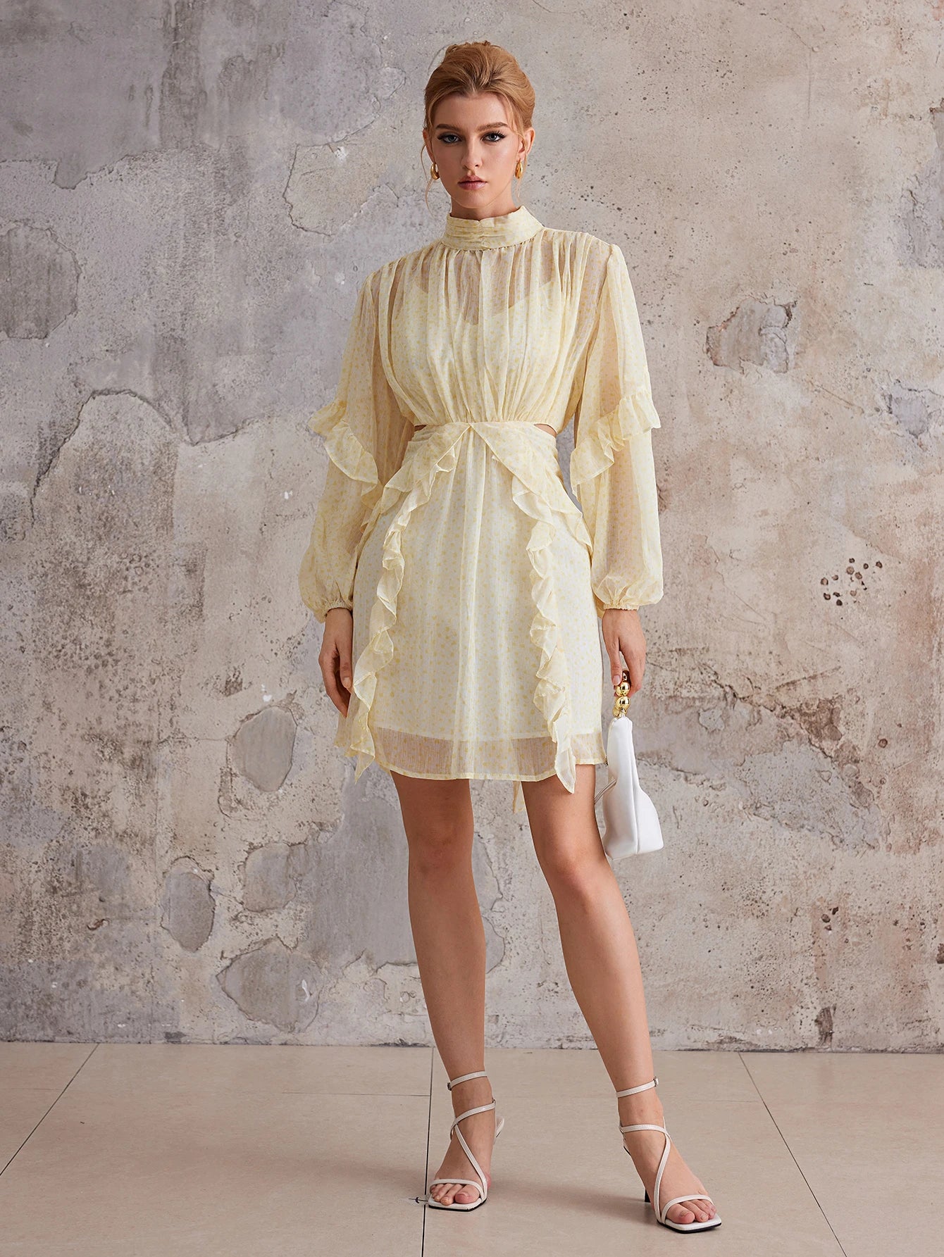 Court-Style Flutter-Trim Open-Midriff Mini Dress|NOOSGOP