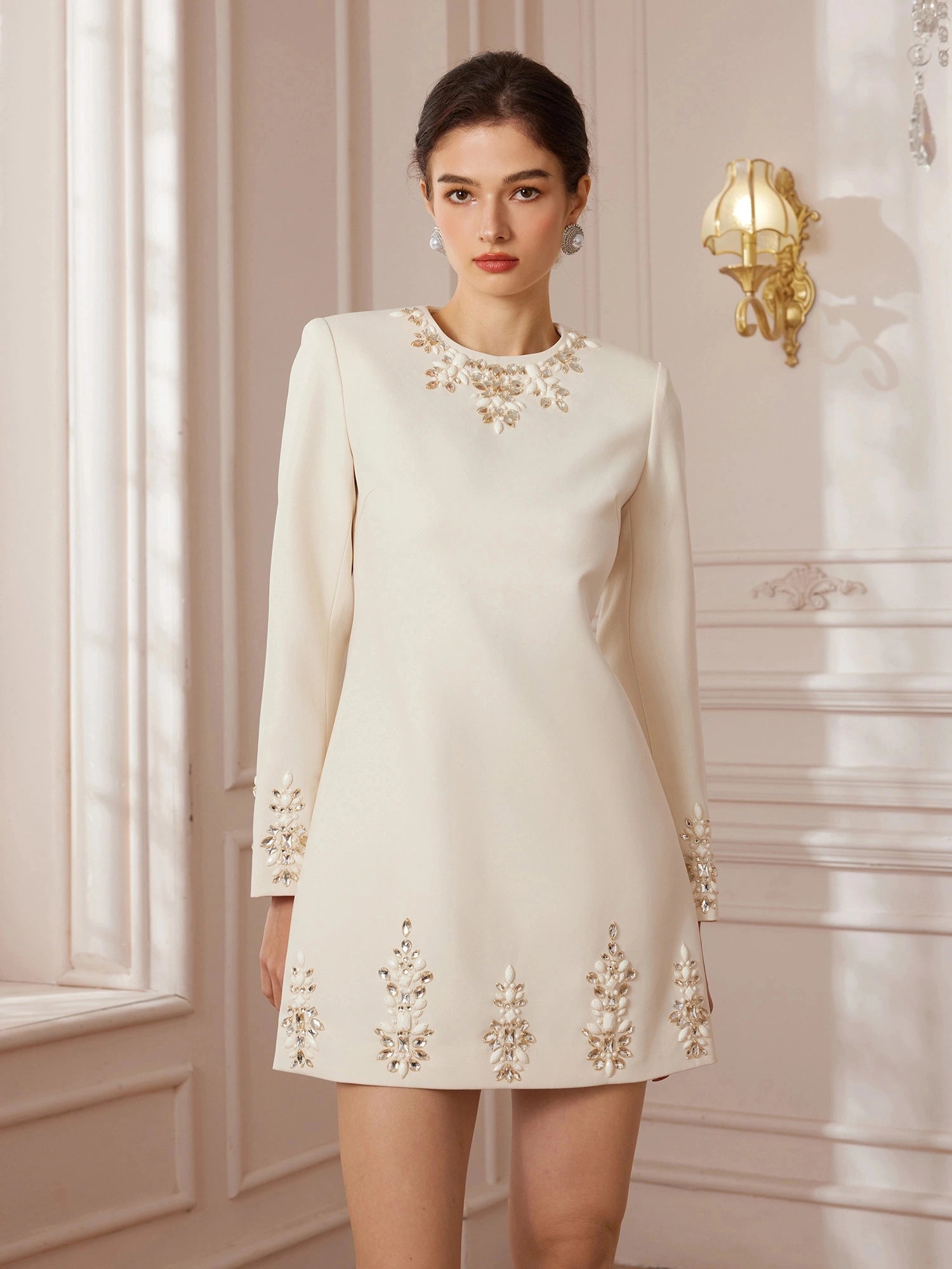 Crystal-Sewn Long-Sleeve Cocktail Mini Dress|NOOSGOP