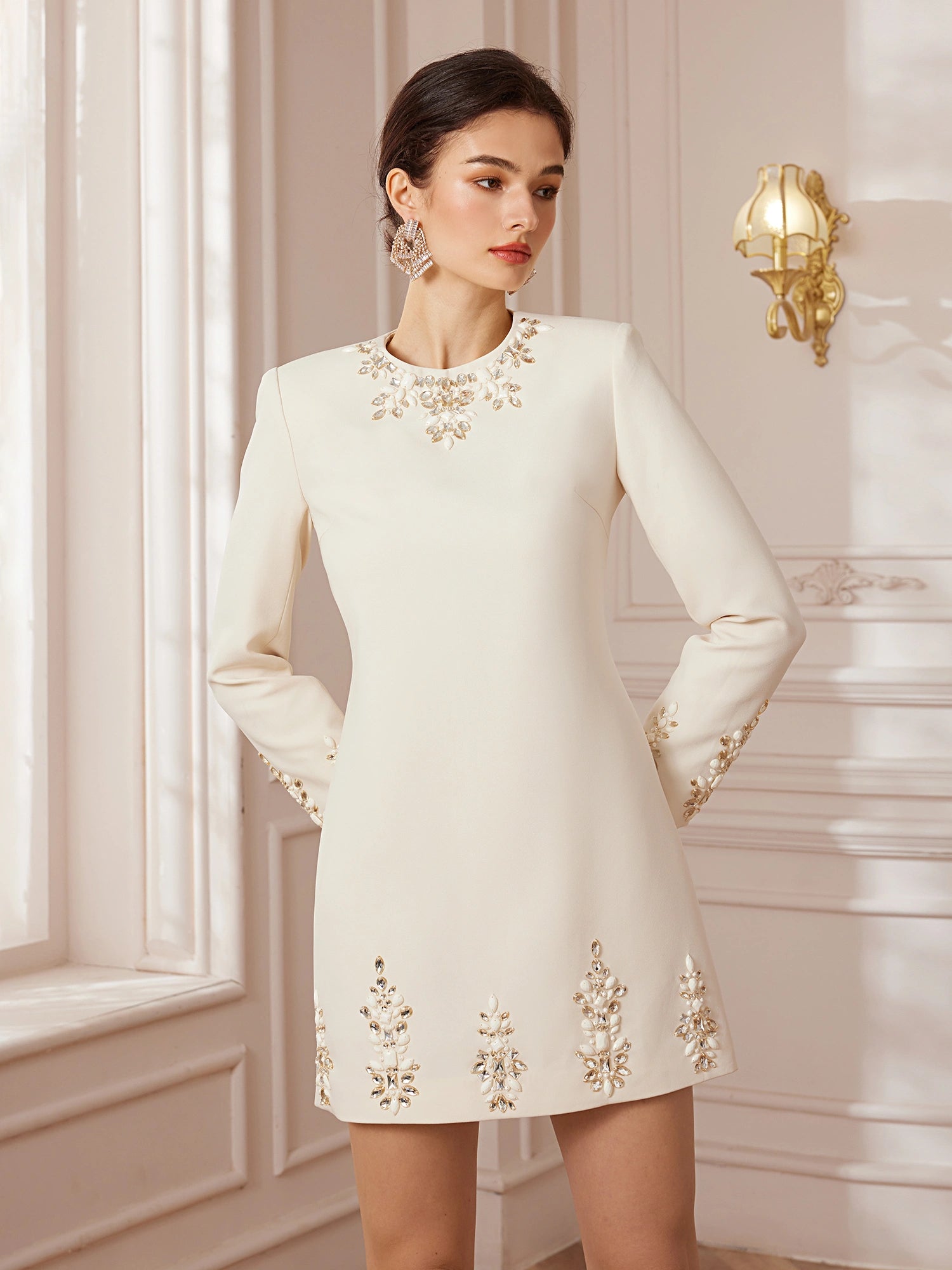 Crystal-Sewn Long-Sleeve Cocktail Mini Dress|NOOSGOP