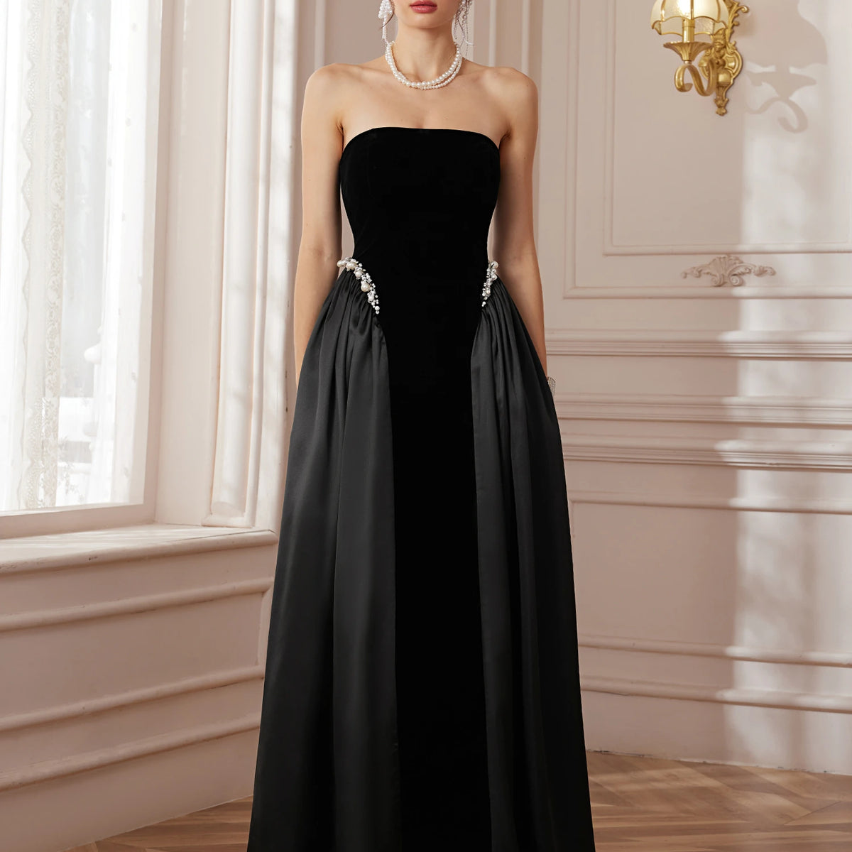 eternal love pleated maxi dress Crystal Pleated Strapless Maxi Dress Black / L