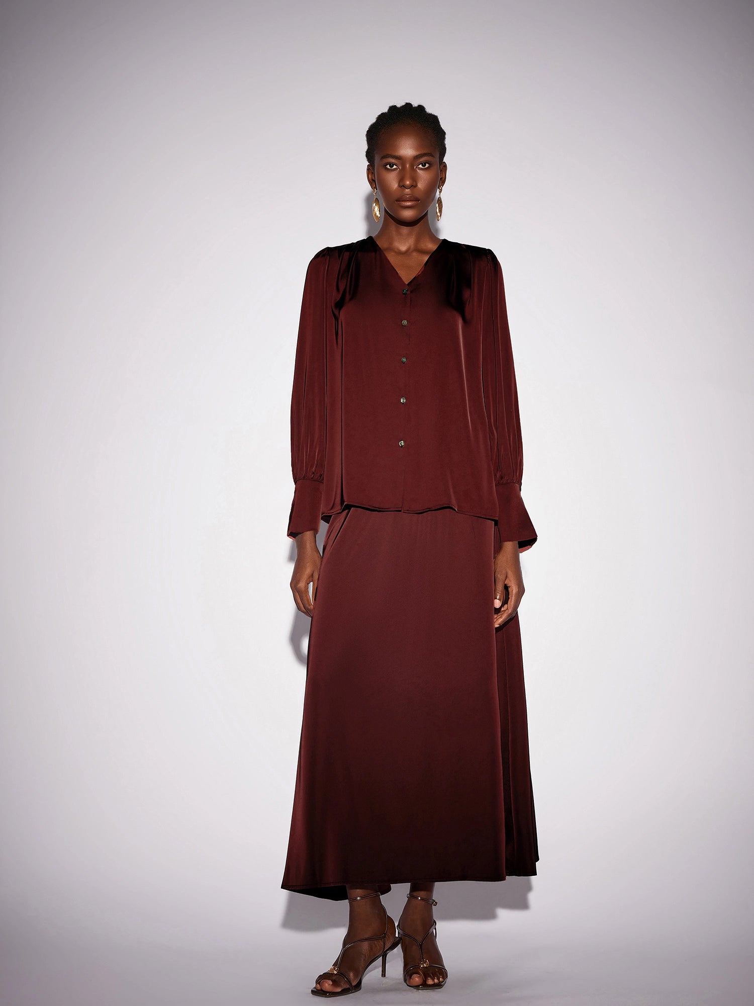 Dark Red V-Neck Long Sleeve Two-Piece Set|NOOSGOP