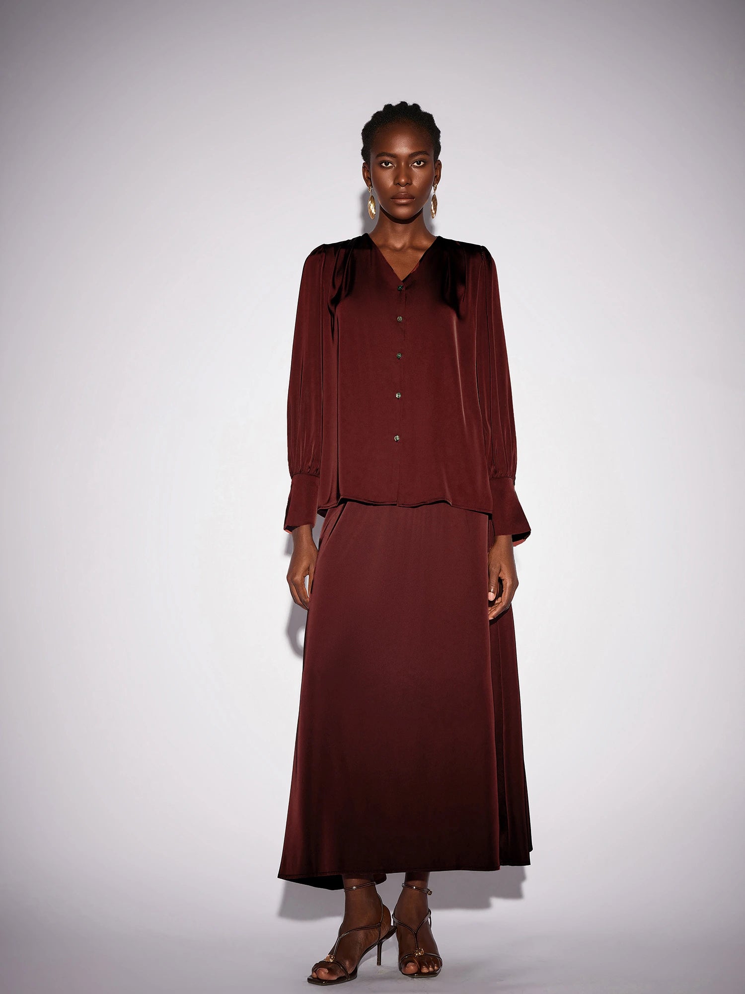 Dark Red V-Neck Long Sleeve Two-Piece Set|NOOSGOP