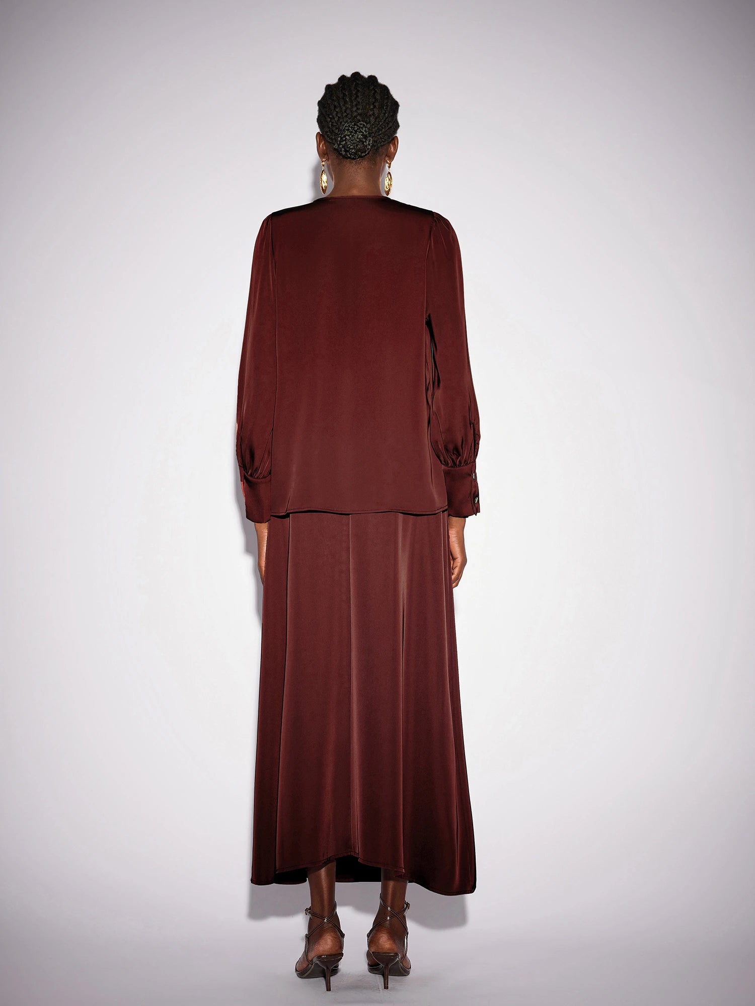 Dark Red V-Neck Long Sleeve Two-Piece Set|NOOSGOP