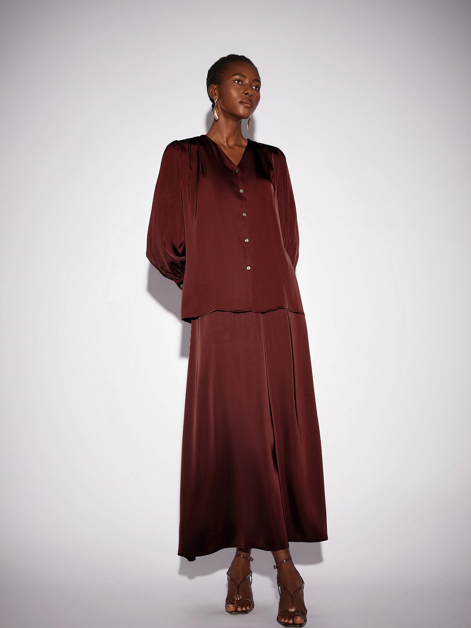 Dark Red V-Neck Long Sleeve Two-Piece Set|NOOSGOP