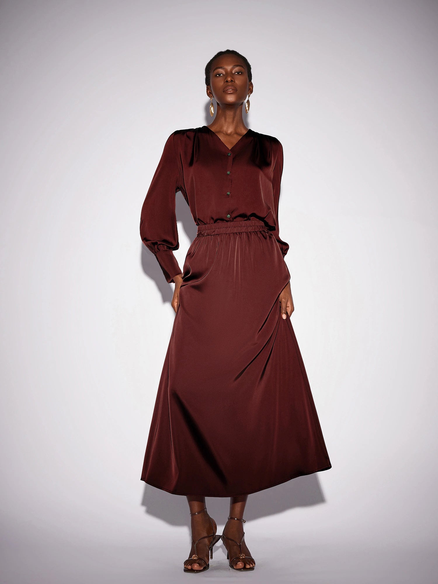 Dark Red V-Neck Long Sleeve Two-Piece Set|NOOSGOP