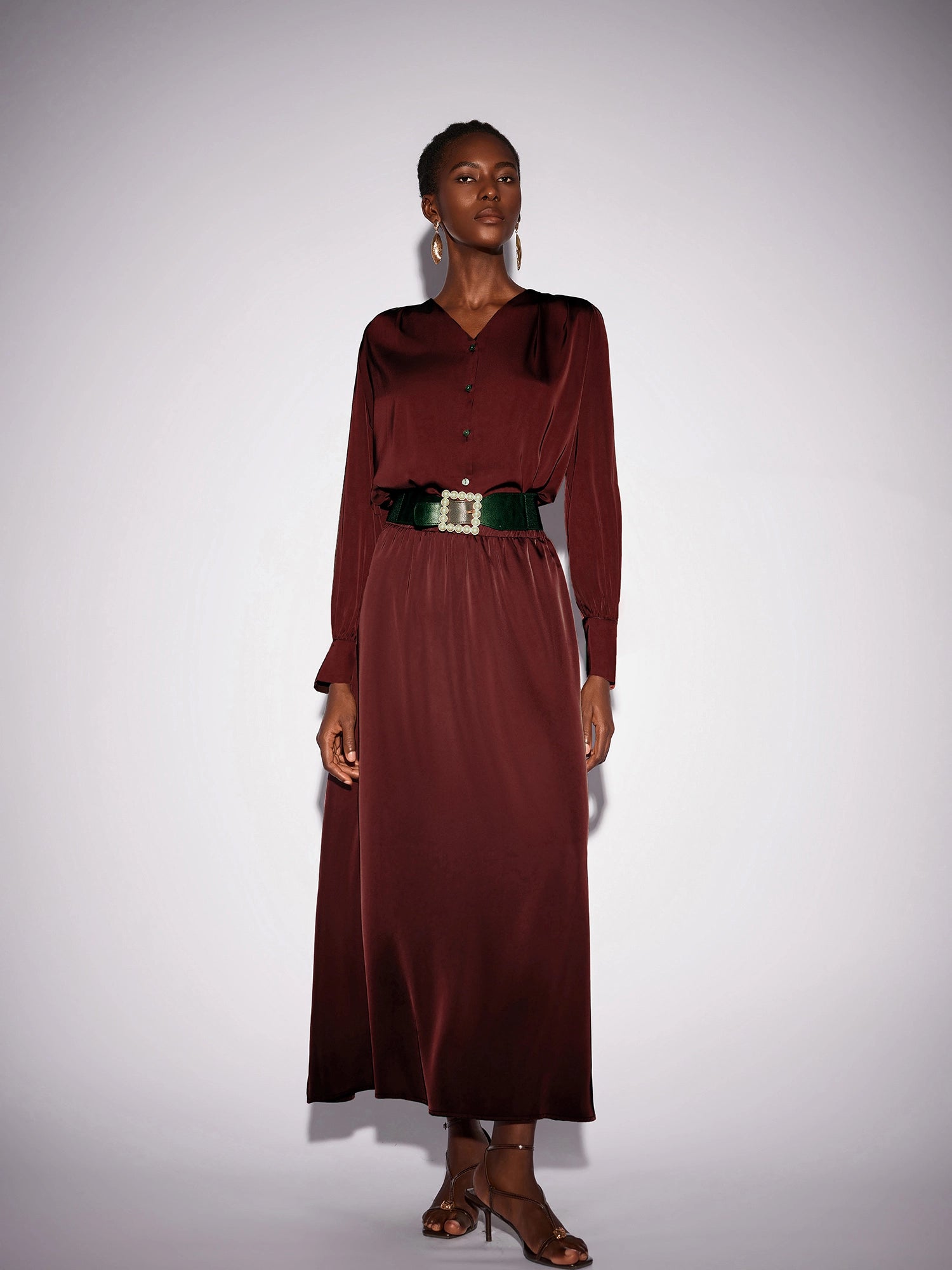 Dark Red V-Neck Long Sleeve Two-Piece Set|NOOSGOP