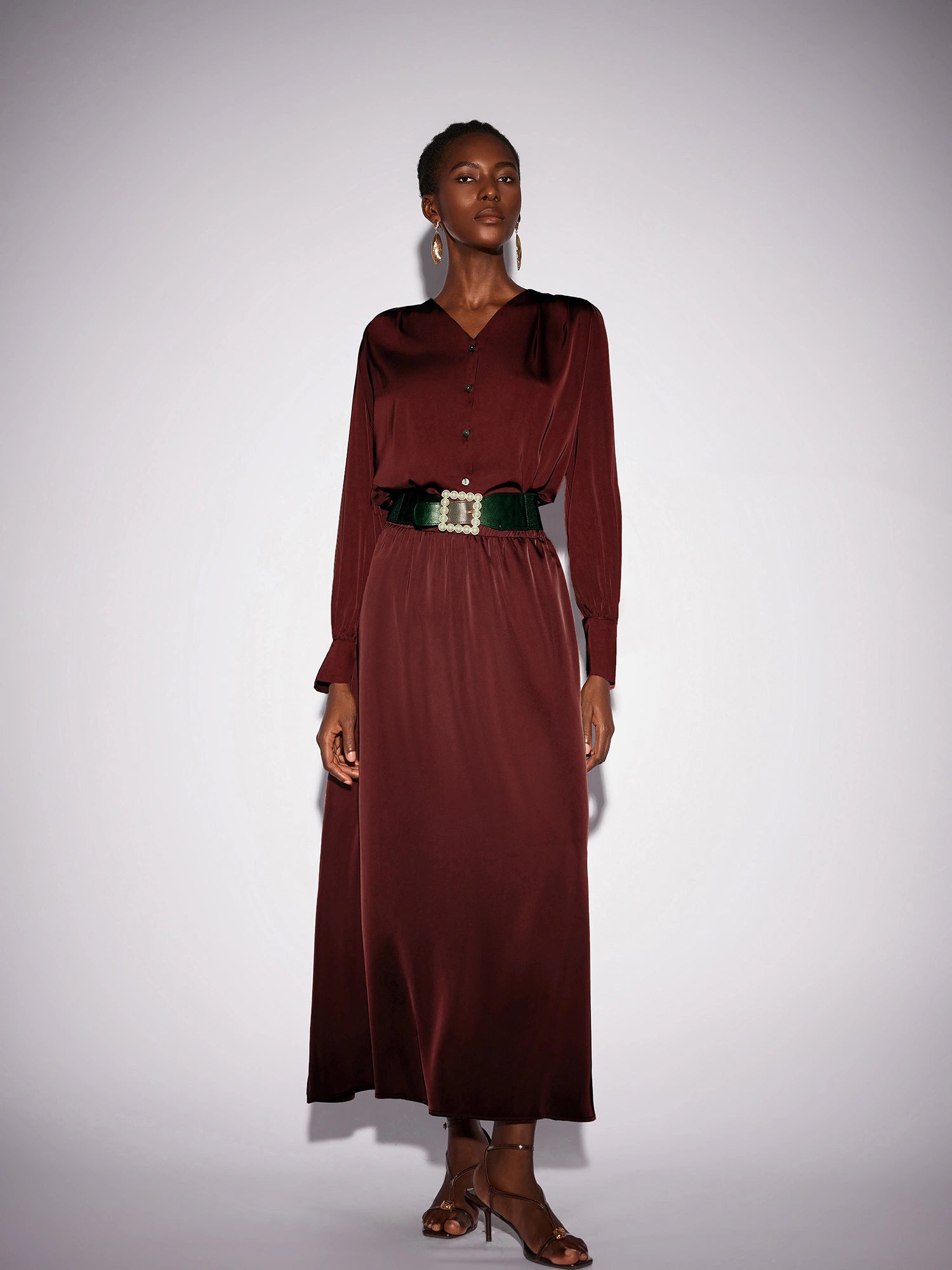 Dark Red V-Neck Long Sleeve Two-Piece Set|NOOSGOP