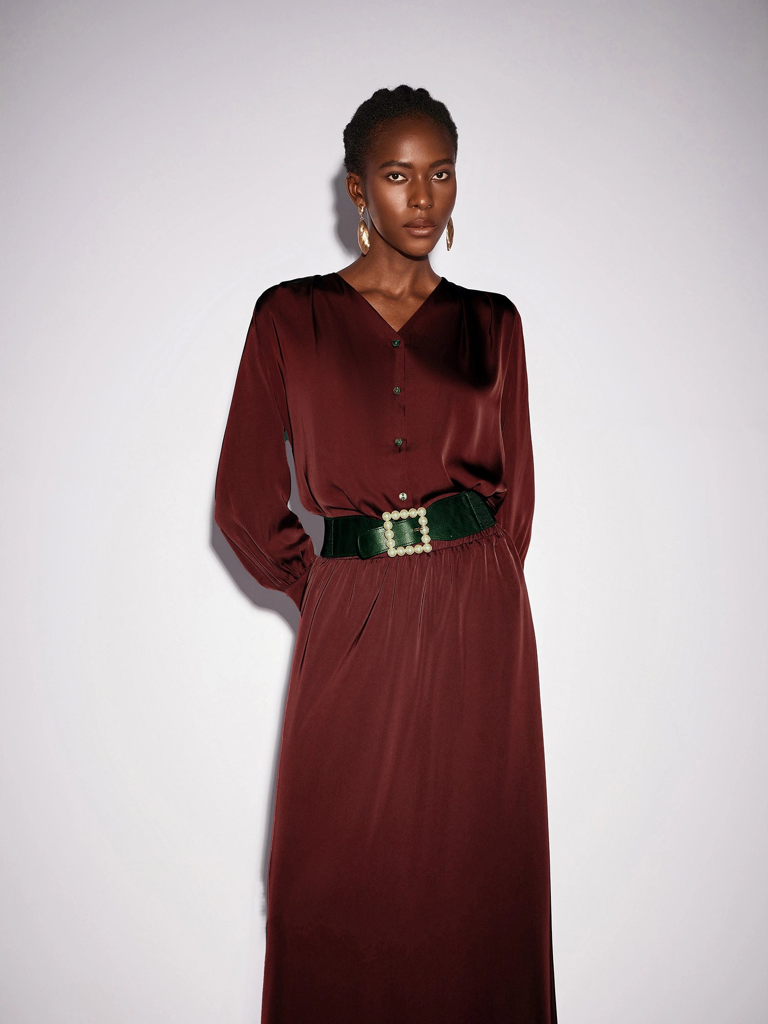 Dark Red V-Neck Long Sleeve Two-Piece Set|NOOSGOP