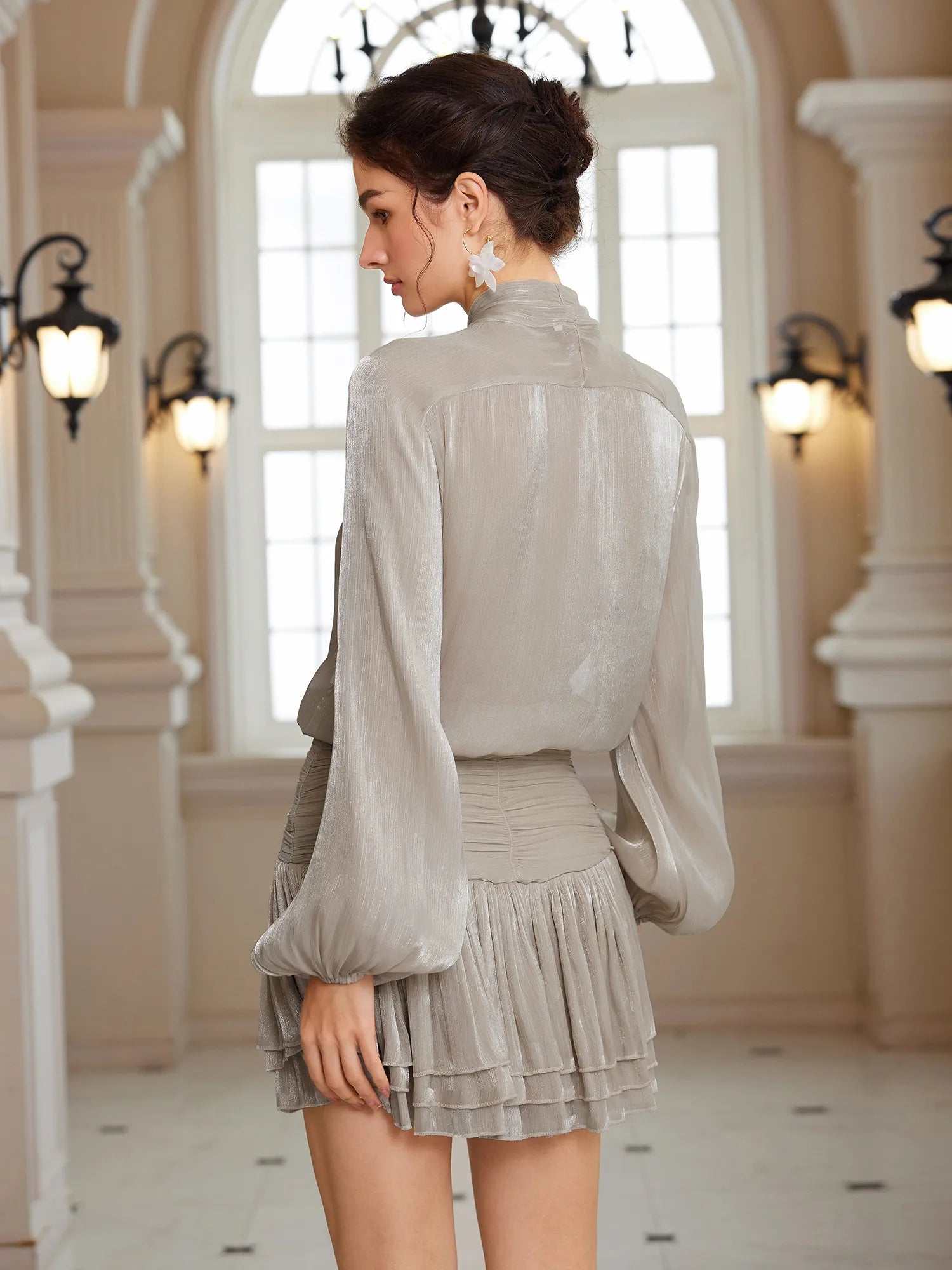 Detachable Bow Popover Blouse & Shirred Caffeine Skirt Set|NOOSGOP