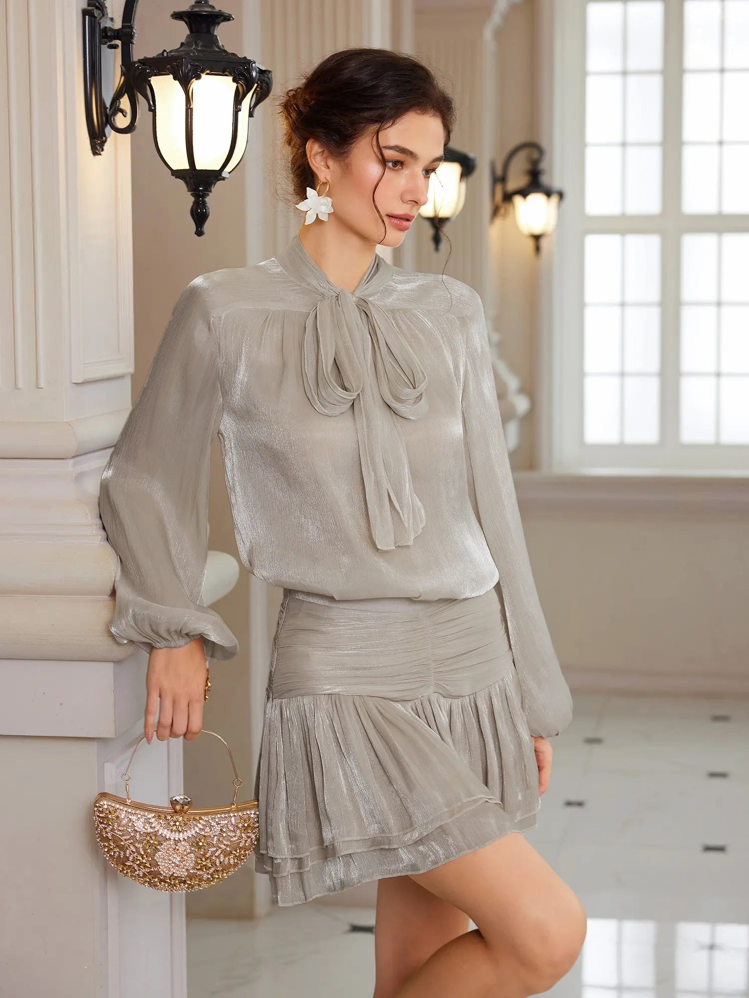 Detachable Bow Popover Blouse & Shirred Caffeine Skirt Set|NOOSGOP