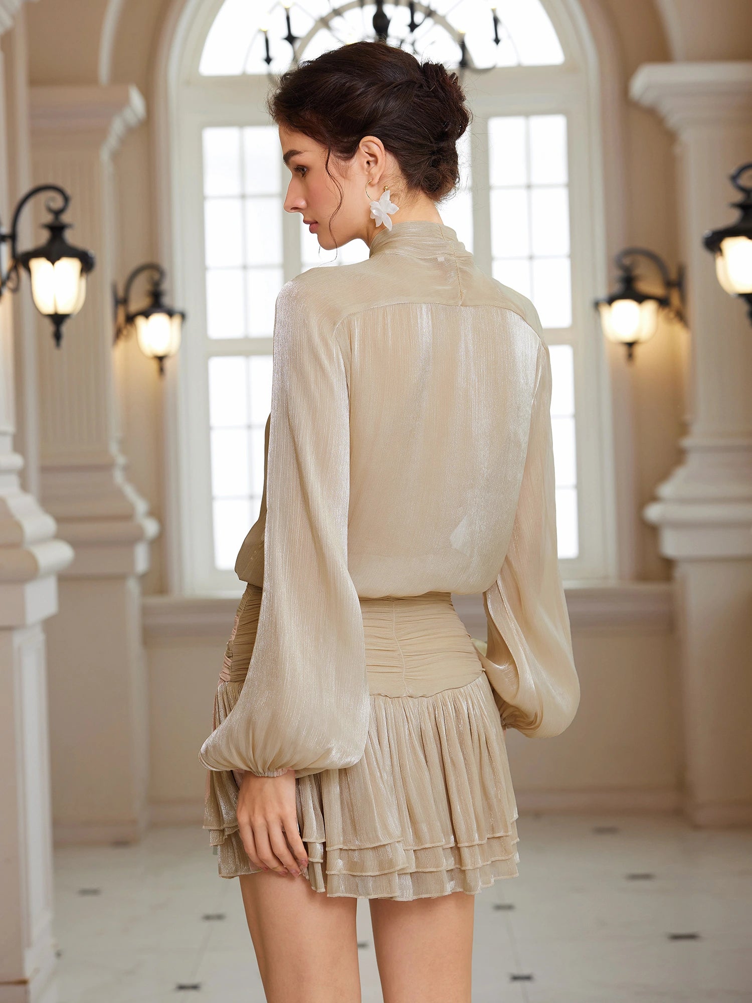 Detachable Bow Popover Blouse & Shirred Caffeine Skirt Set|NOOSGOP