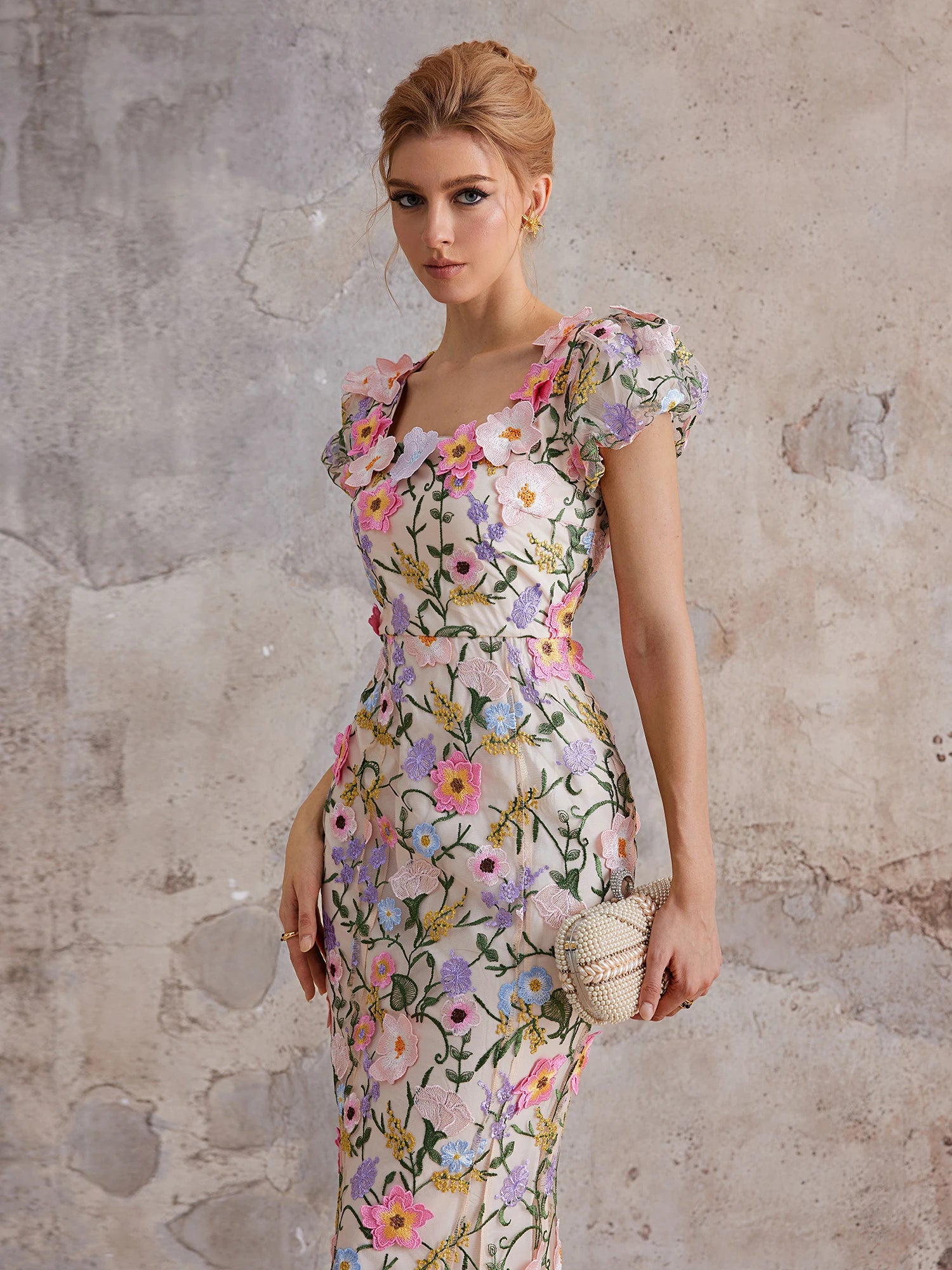 Embroidered 3D-Bloom Tailored Maxi Dress|NOOSGOP