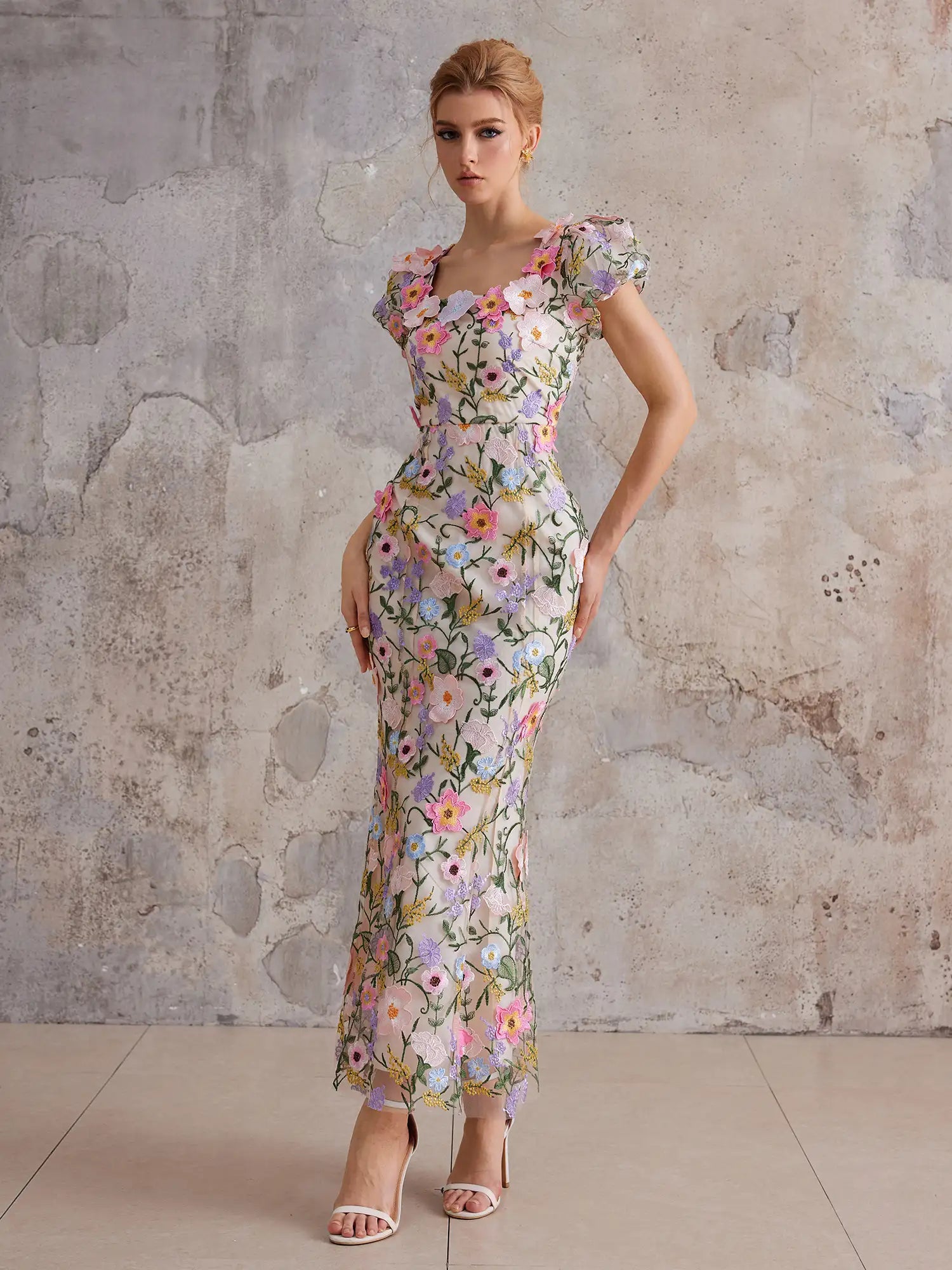 Embroidered 3D-Bloom Tailored Maxi Dress|NOOSGOP