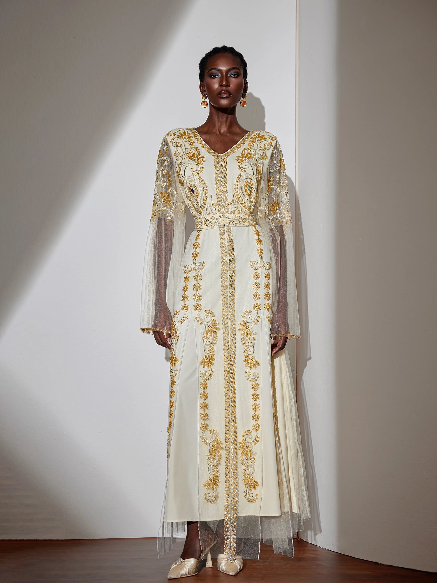 Embroidered Gold Beaded Mesh Maxi Dress|NOOSGOP