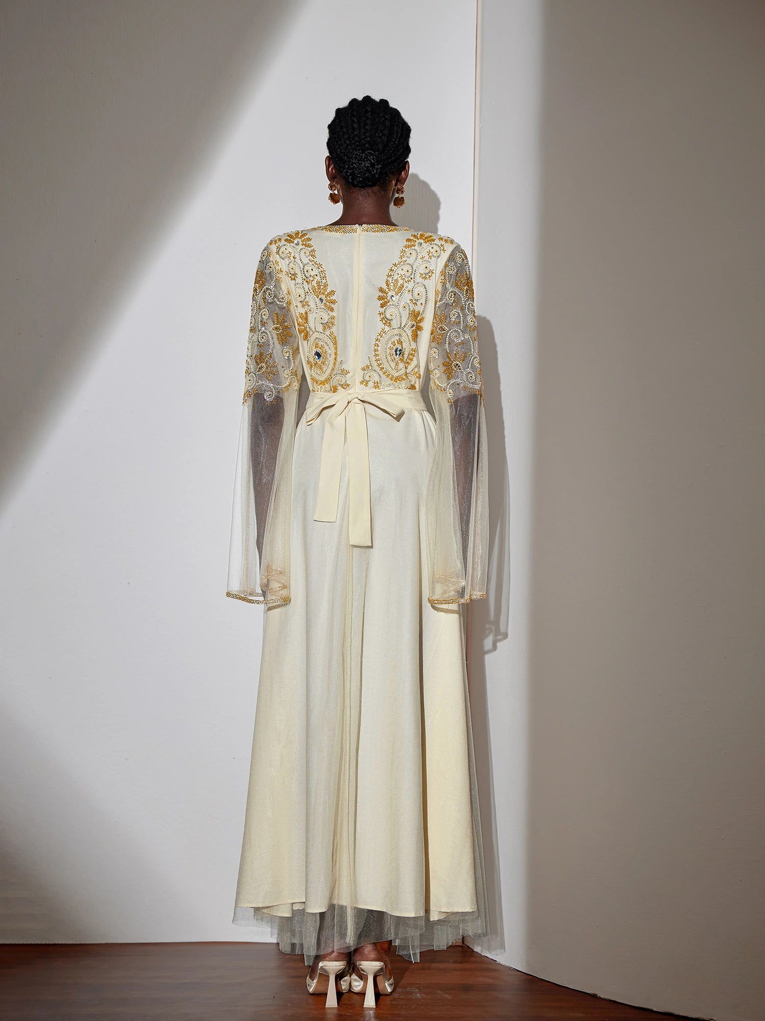 Embroidered Gold Beaded Mesh Maxi Dress|NOOSGOP