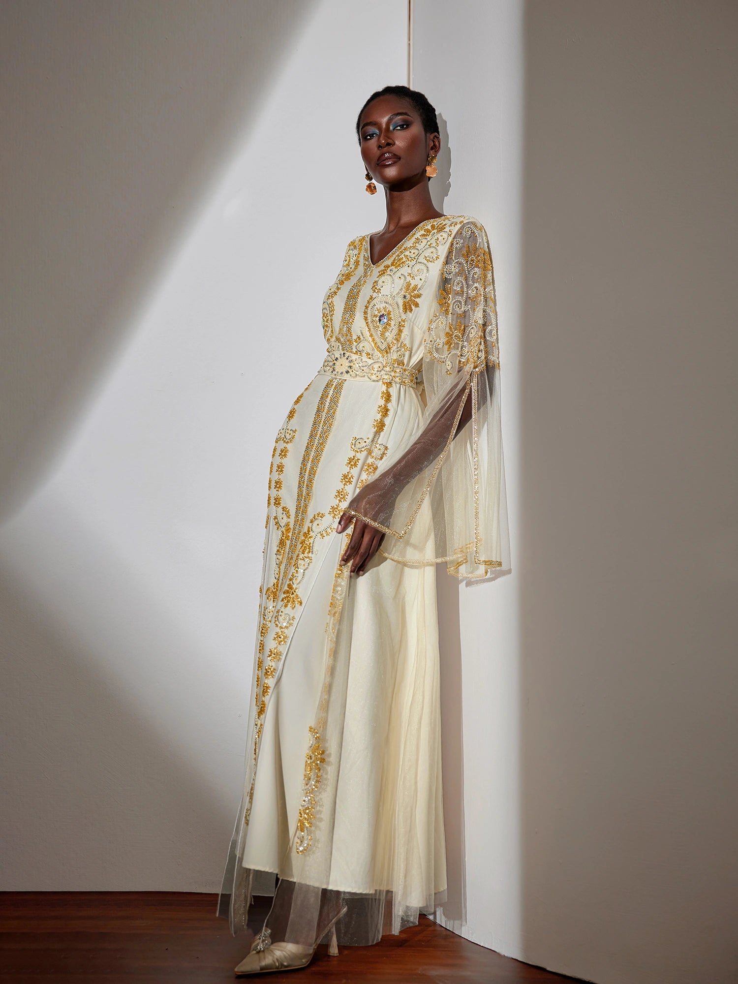 Embroidered Gold Beaded Mesh Maxi Dress|NOOSGOP