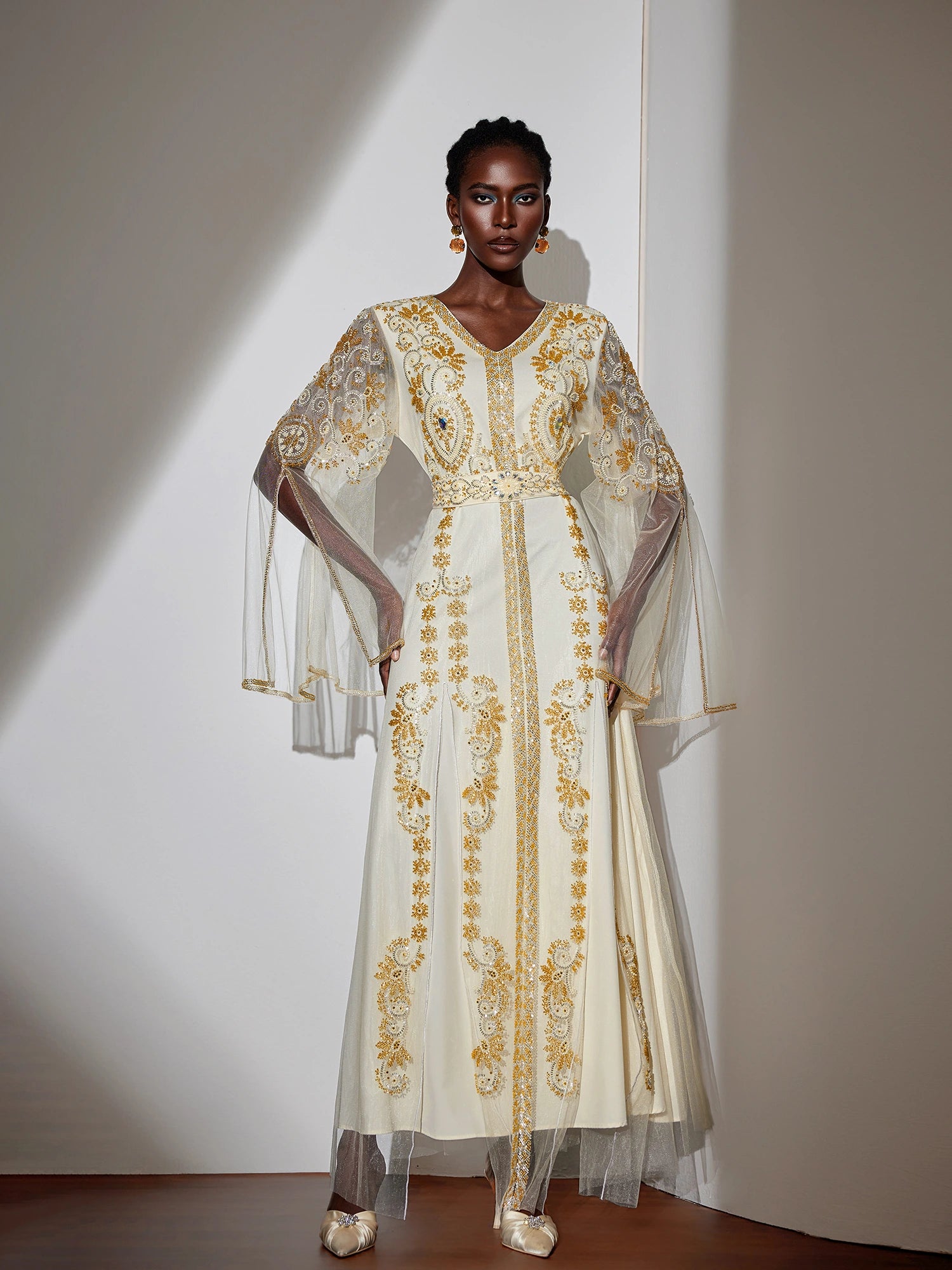 Embroidered Gold Beaded Mesh Maxi Dress|NOOSGOP