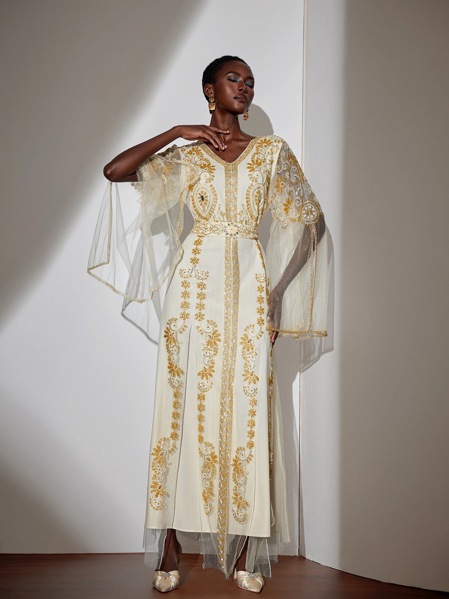 Embroidered Gold Beaded Mesh Maxi Dress|NOOSGOP