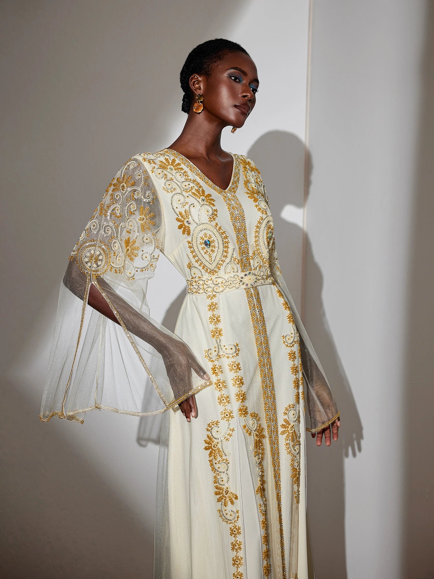 Embroidered Gold Beaded Mesh Maxi Dress|NOOSGOP