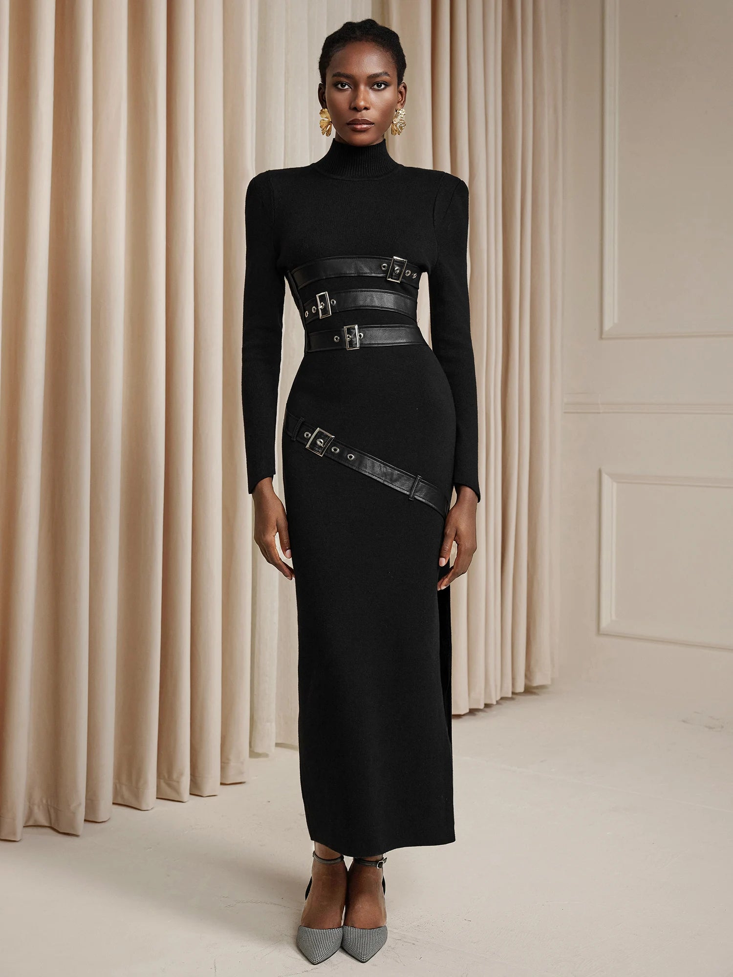 Fitted High-Neck with Belt Design Midi Dress|NOOSGOP