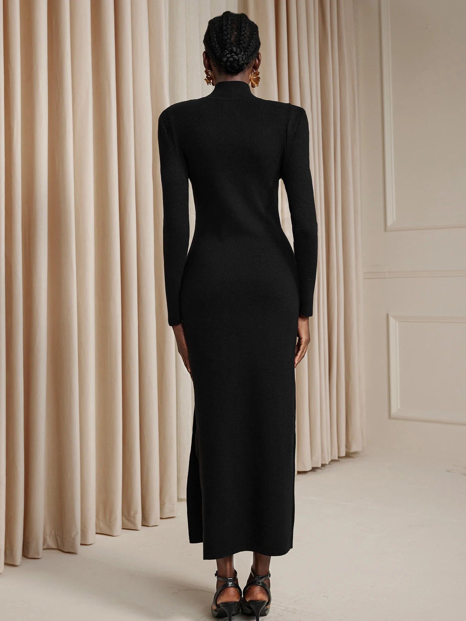 Fitted High-Neck with Belt Design Midi Dress|NOOSGOP