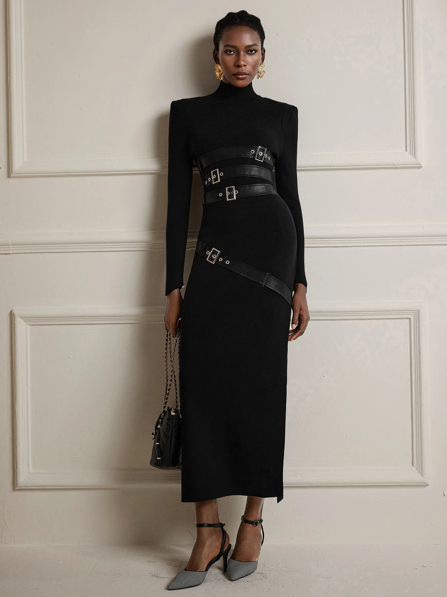 Fitted High-Neck with Belt Design Midi Dress|NOOSGOP