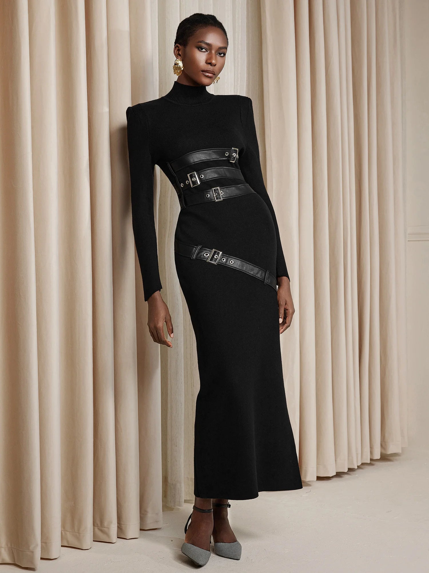Fitted High-Neck with Belt Design Midi Dress|NOOSGOP