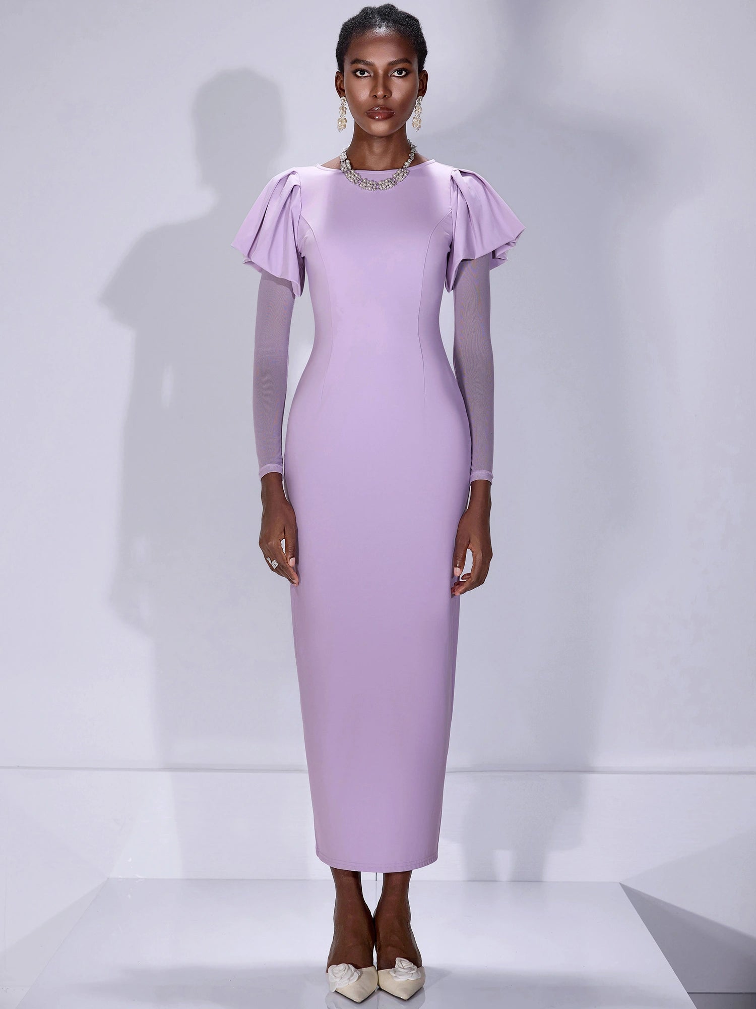 Fitted Ruffle Shoulder Sheer Sleeve Midi Dress|NOOSGOP