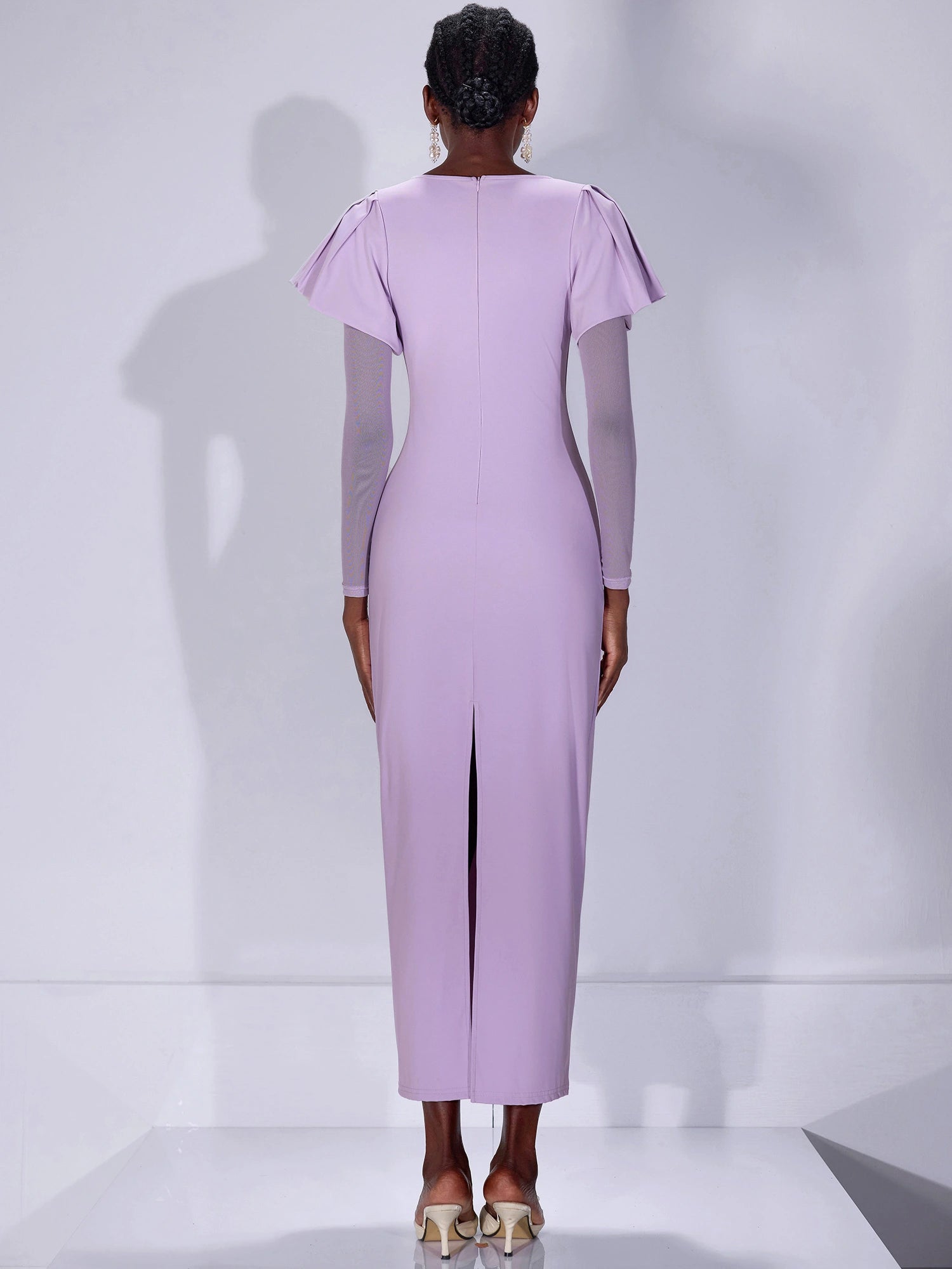 Fitted Ruffle Shoulder Sheer Sleeve Midi Dress|NOOSGOP