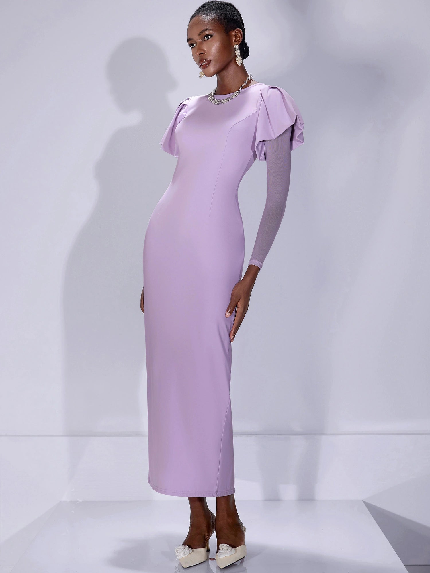 Fitted Ruffle Shoulder Sheer Sleeve Midi Dress|NOOSGOP